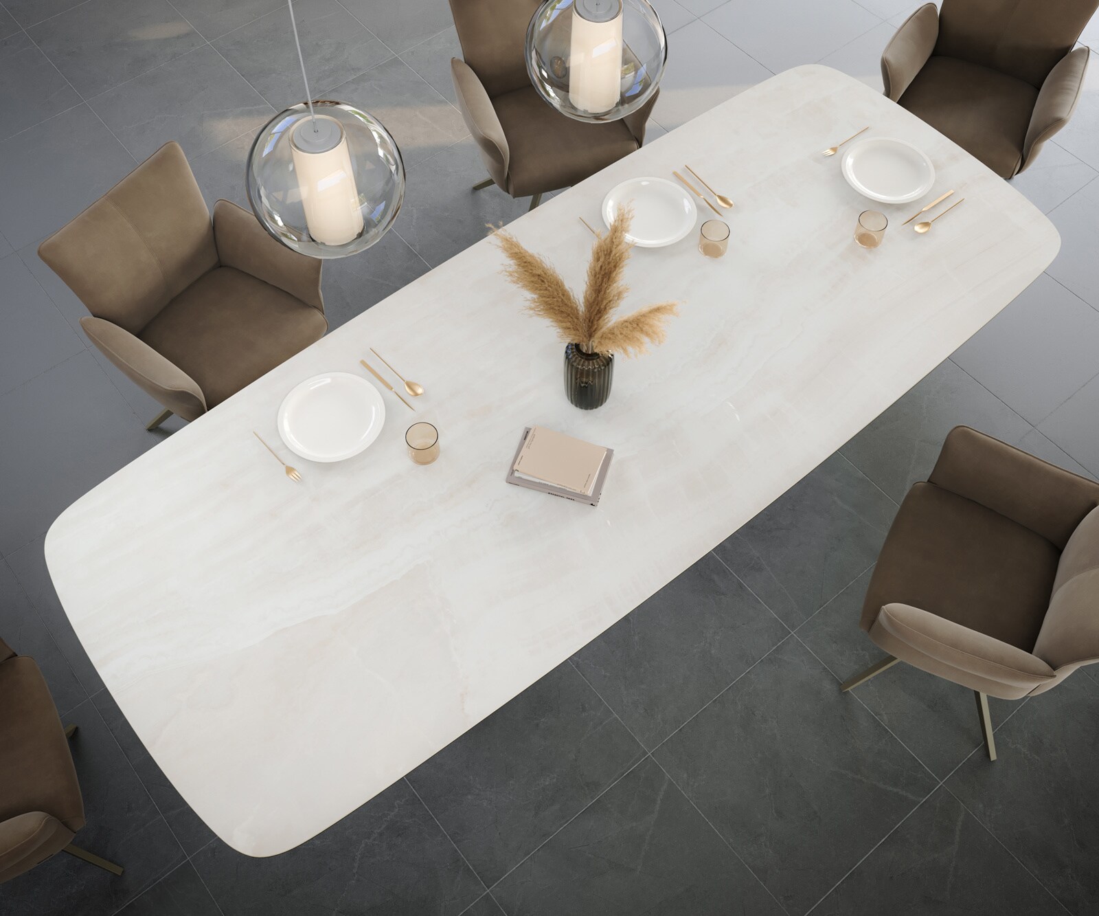 Esstisch Edge Boot 300x120 cm Keramik Onyx Champagne Zenthara Metall Effektfinish Titan 3