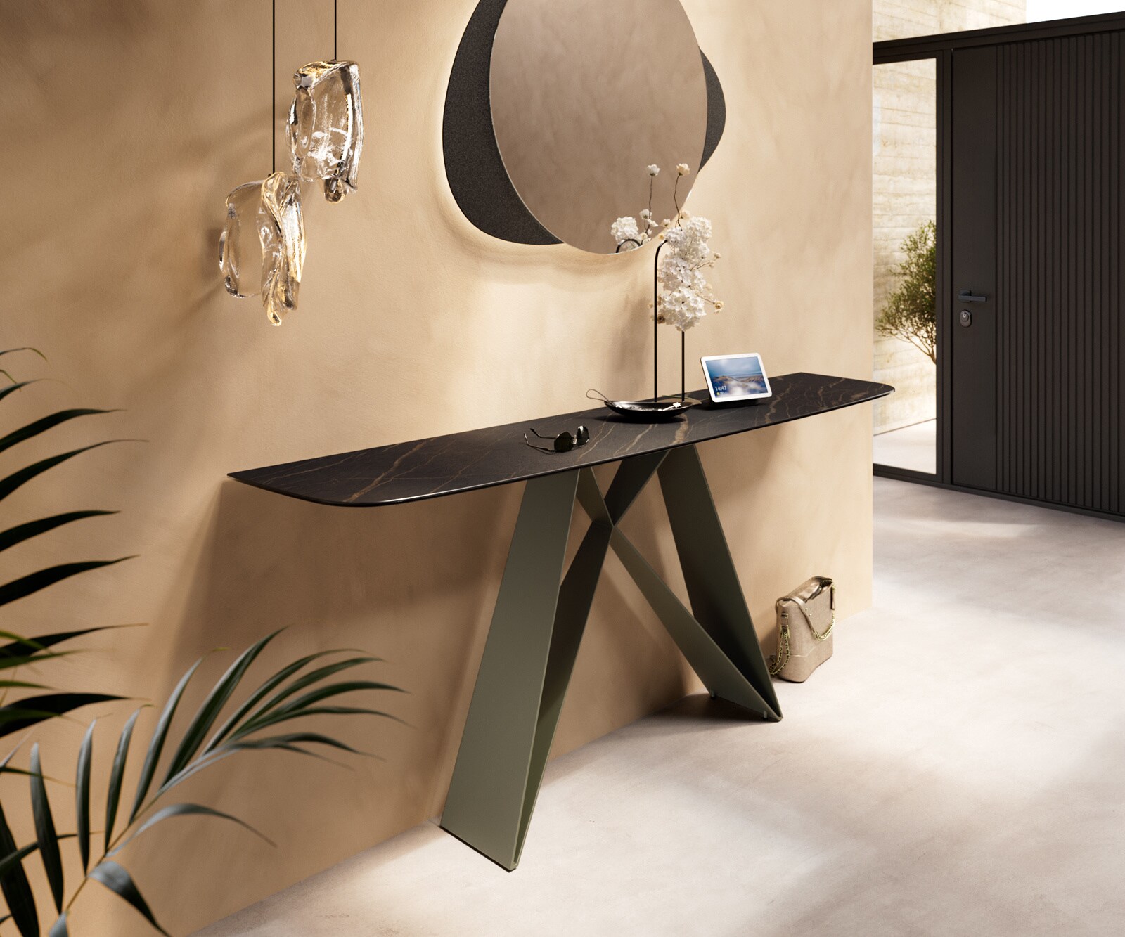 Konsolentisch Edge Boot 180x40 cm Keramik Laminam® Noir Desir Braun Velio Metall Effektfinish Titan 3