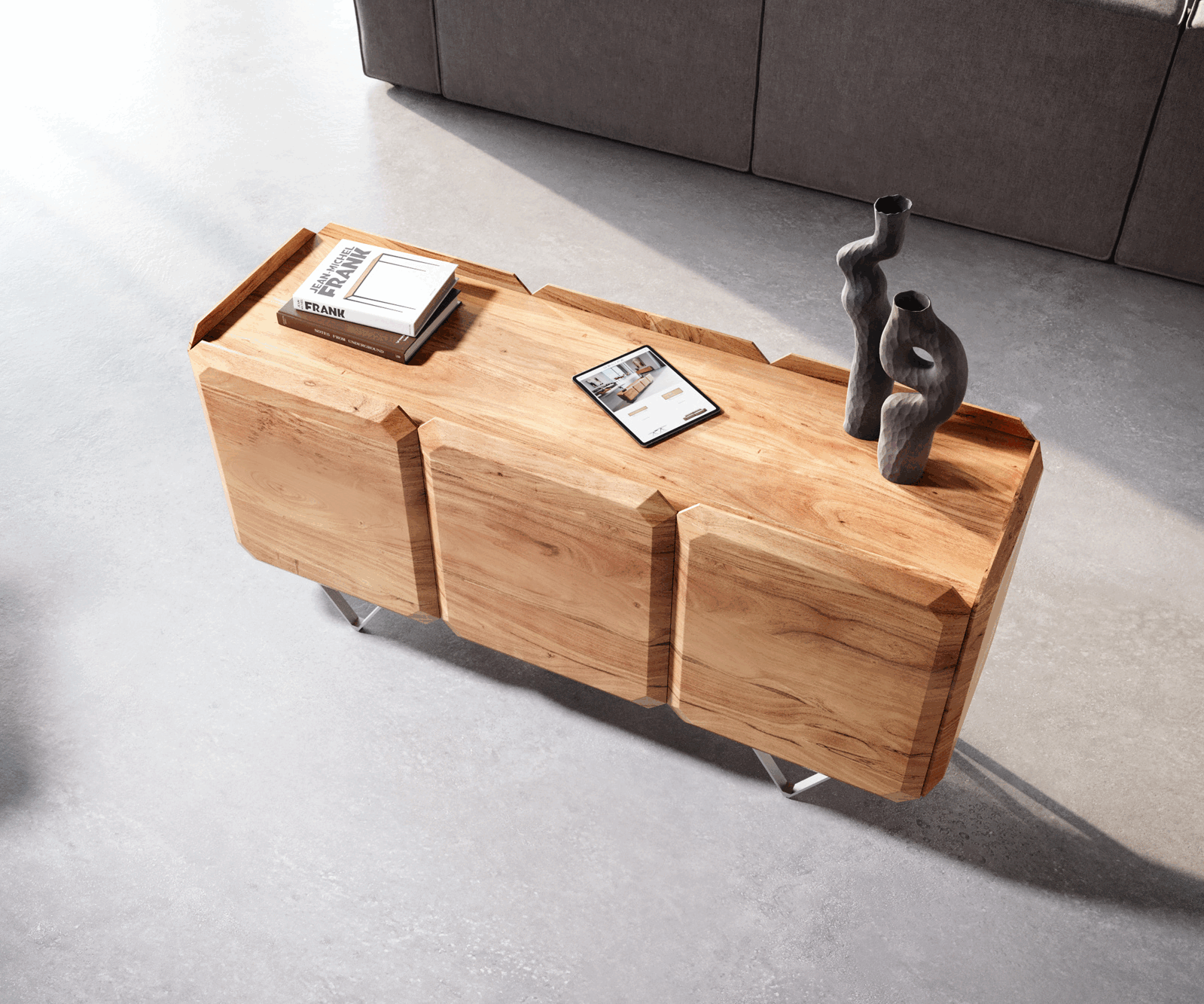 Sideboard Kiano 145 cm Akazie Natur 3 Türen V-Fuß Edelstahl Raumteiler 3