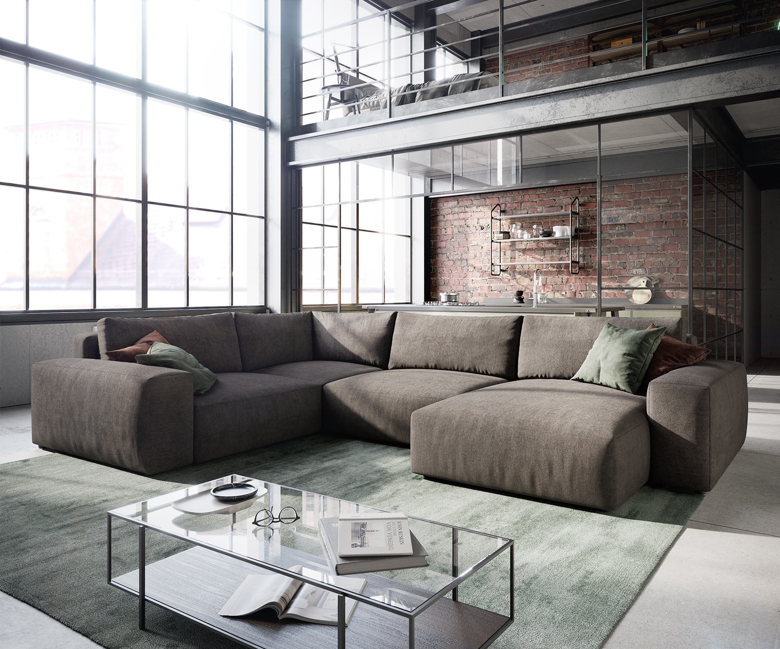 Wohnlandschaft Lanzo XL 360x260 cm Mikrofaser Khakibraun Recamiere variabel