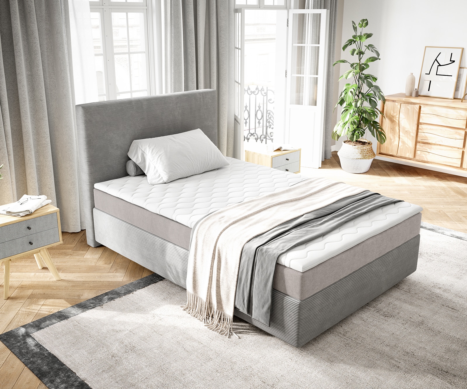 Boxspringbett Dream-Well 120x200 cm Cord Silbergrau mit Taschenfederkernmatratze und Topper Visco 3 Boxspringbett Dream-Well 120x200 cm Cord Silbergrau mit Taschenfederkernmatratze und Topper Visco 3