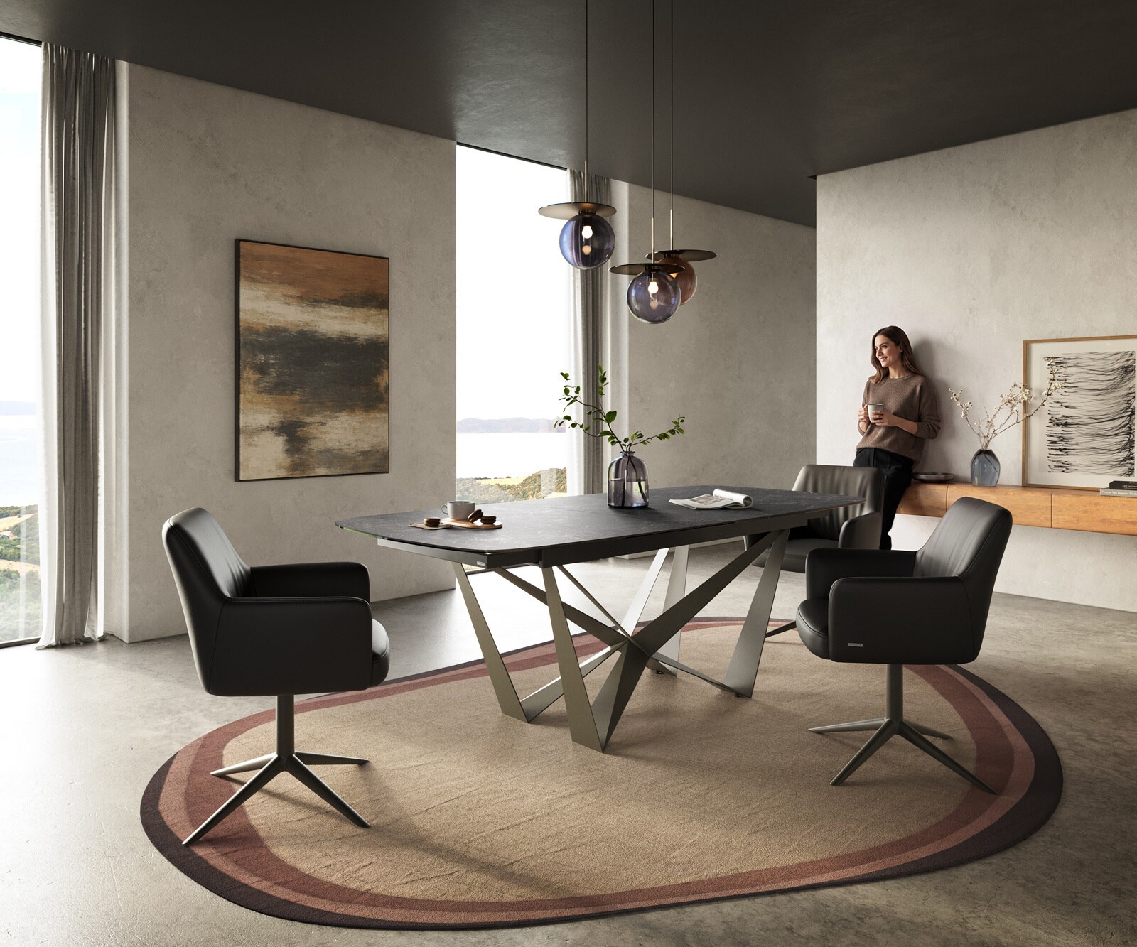 Esstisch Edge Boot 180-220x100 cm Keramik Laminam® Nero Greco Anthrazit Spider Metall Effektfinish Titan ausziehbar 6