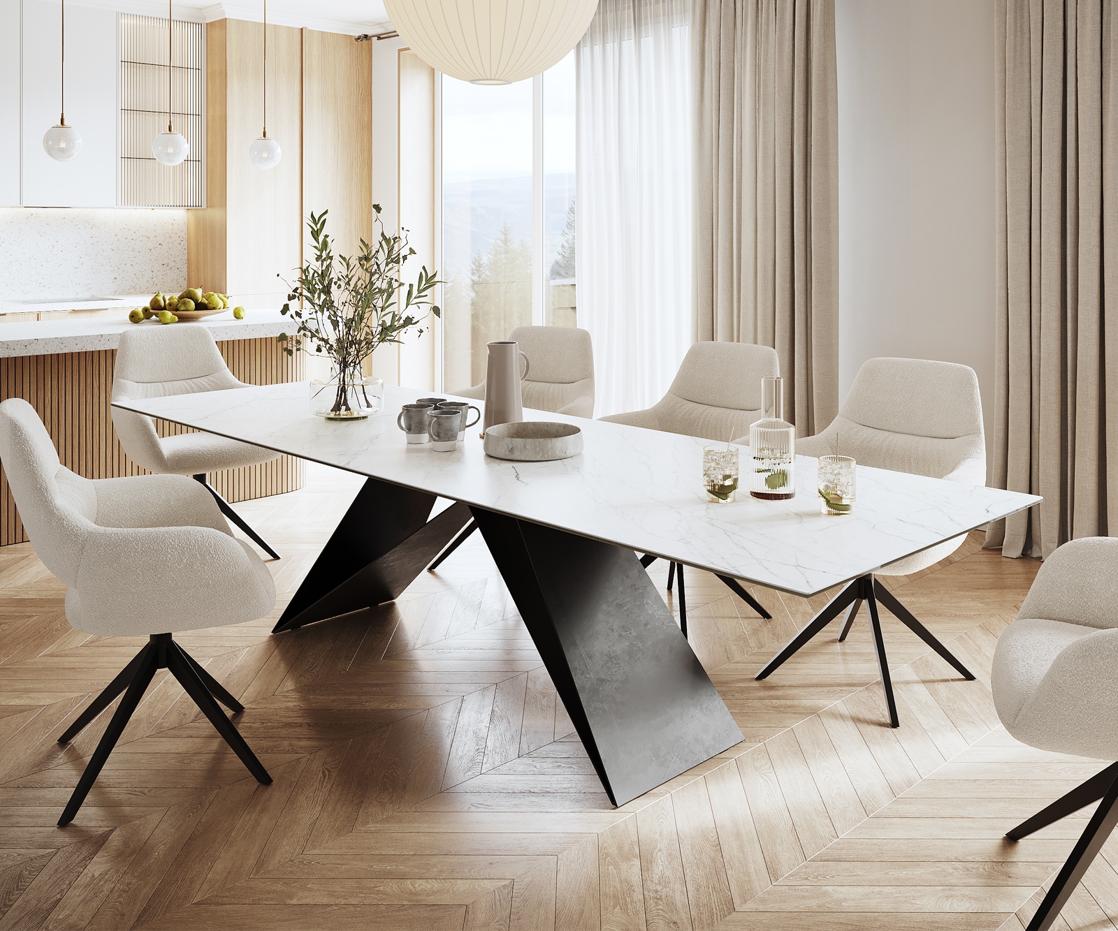 Esstisch Edge 300x100cm Keramik Laminam®Statuarietto Weiß V-Mittelfuß Schwarz 1