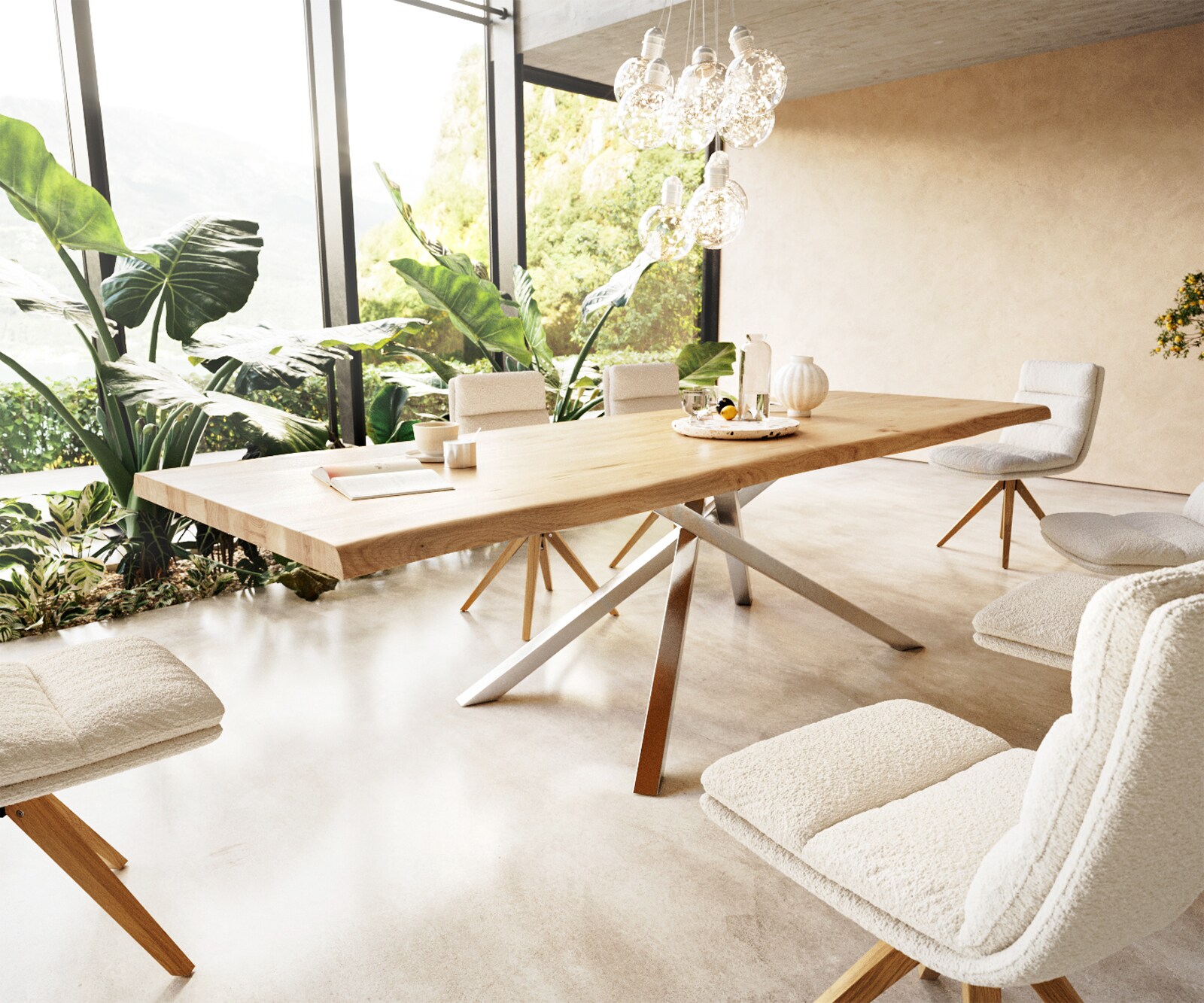 Esstisch Edge 300x100 Eiche Natur Kreuzgestell Rechteck Edelstahl Live-Edge 1