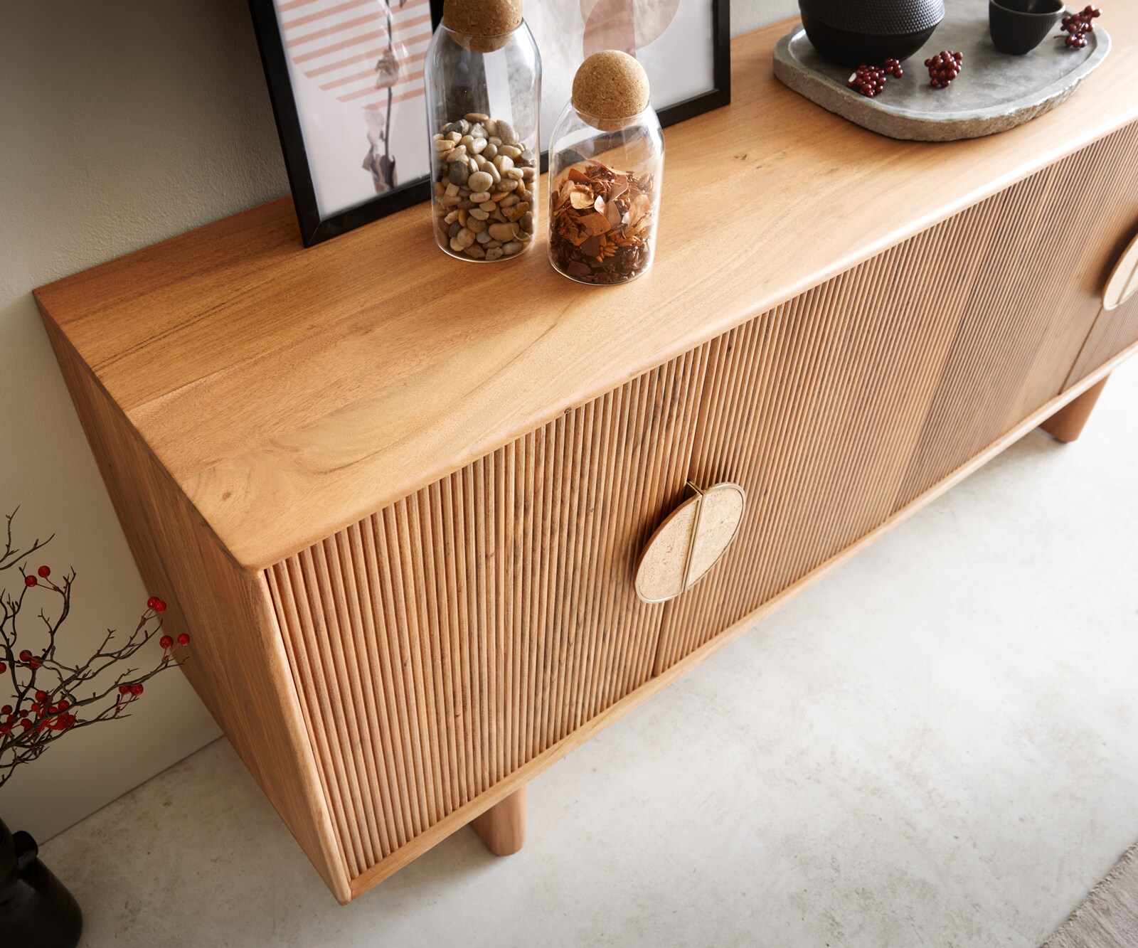 Sideboard Surimu 175 cm Akazie Hellbraun 4 Türen 2 Fächer Kork-Griff Holzfüße 3