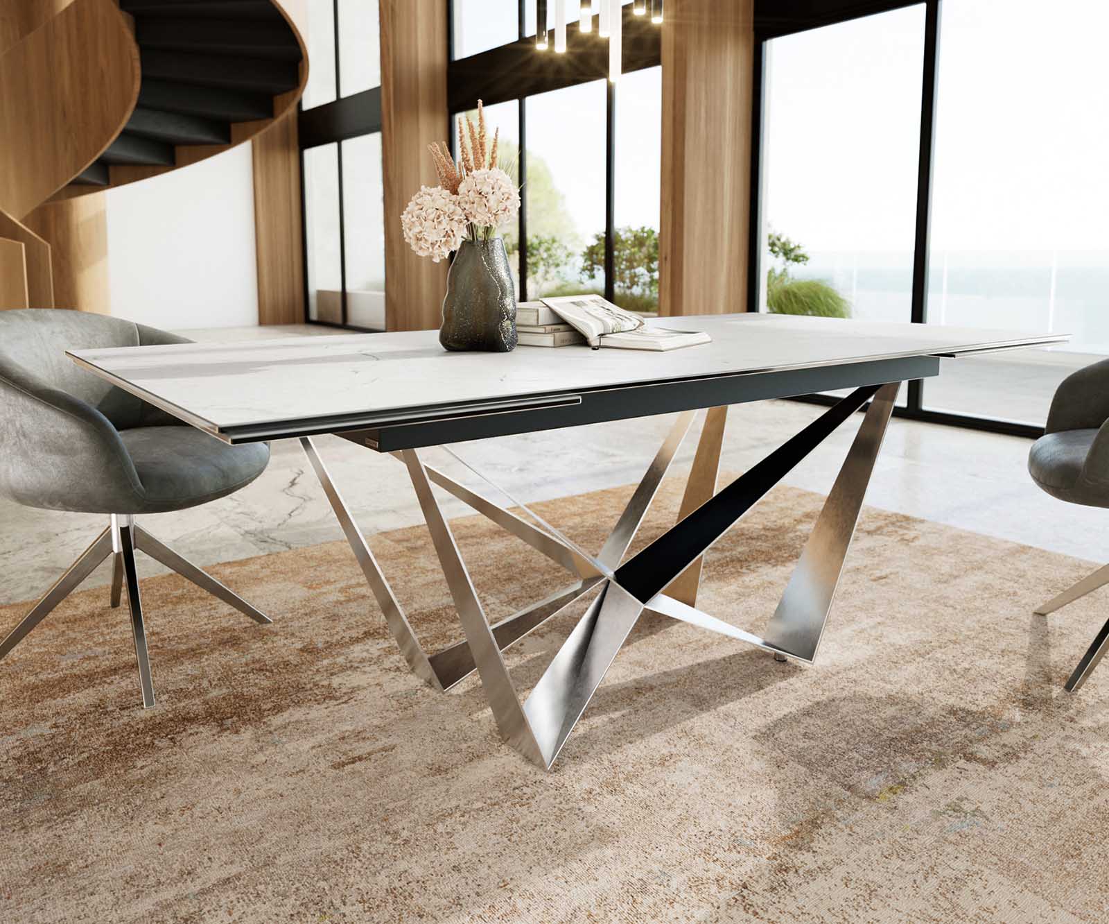 Esstisch Edge 200-300x100 Keramik Laminam®Statuarietto Weiß Spider Flachstahl Edelstahl ausziehbar 6