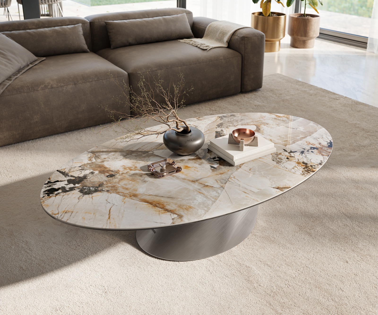 Wohnzimmertisch Edge Oval 135x80 cm Keramik Patagonia Poliert Conis Edelstahl gebürstet