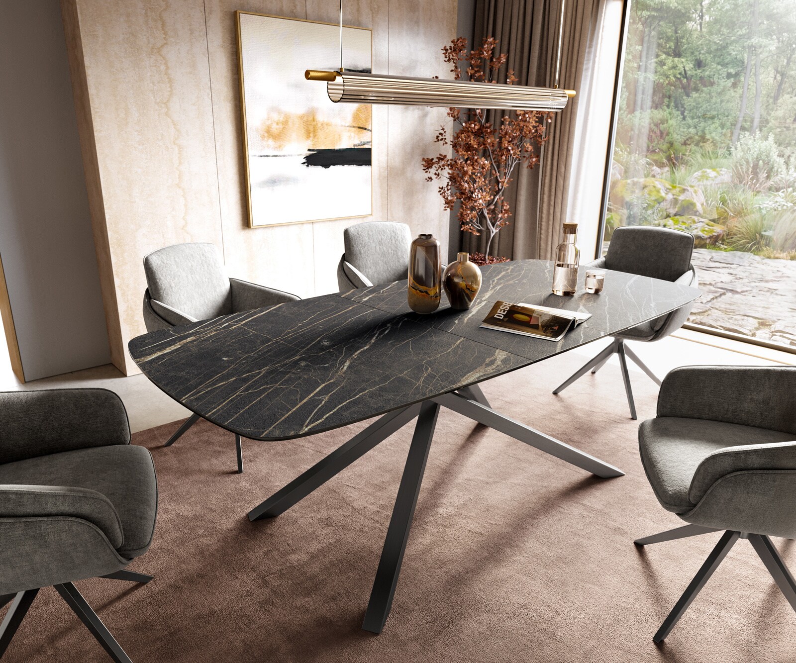 Esstisch Edge Boot 180-220x100 cm Laminam® Keramik Noir Desir Braun Kreuzgestell Rechteck Edelstahl Graphit ausziehbar 1