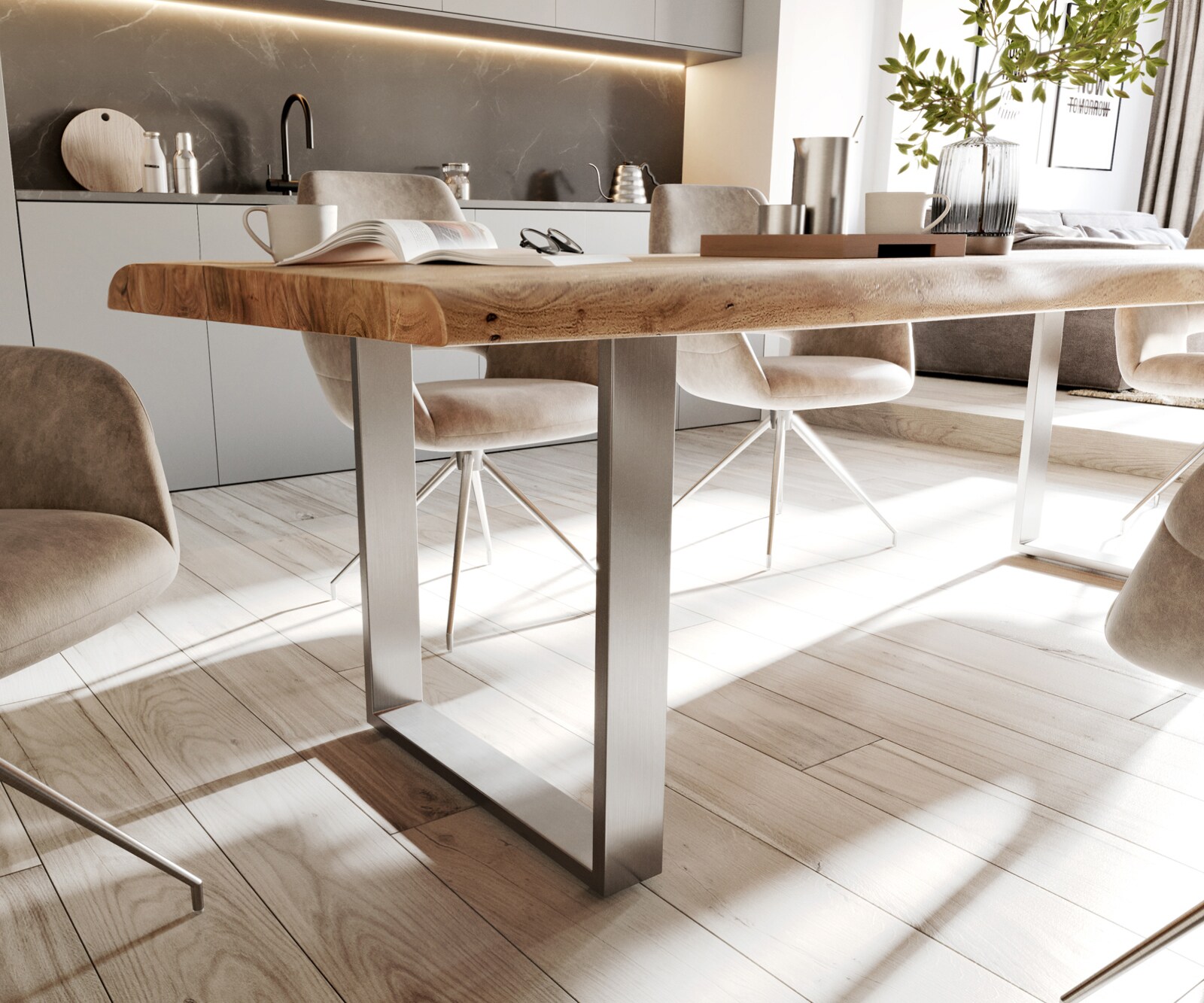 Esstisch Edge 280x100cm XL Akazie Natur Edelstahl schmal Live-Edge 4