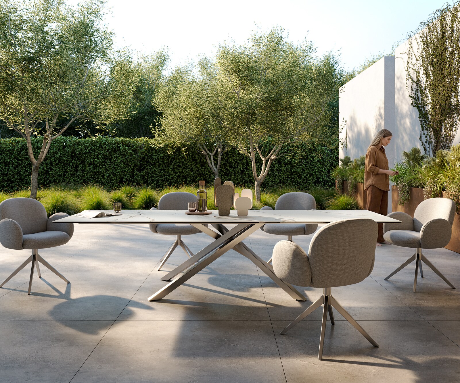 Outdoortisch Edge 300x100 cm Keramik Calacatta Luxe Weiß-Gold-Grau Kreuzgestell Rechteck Edelstahl 1