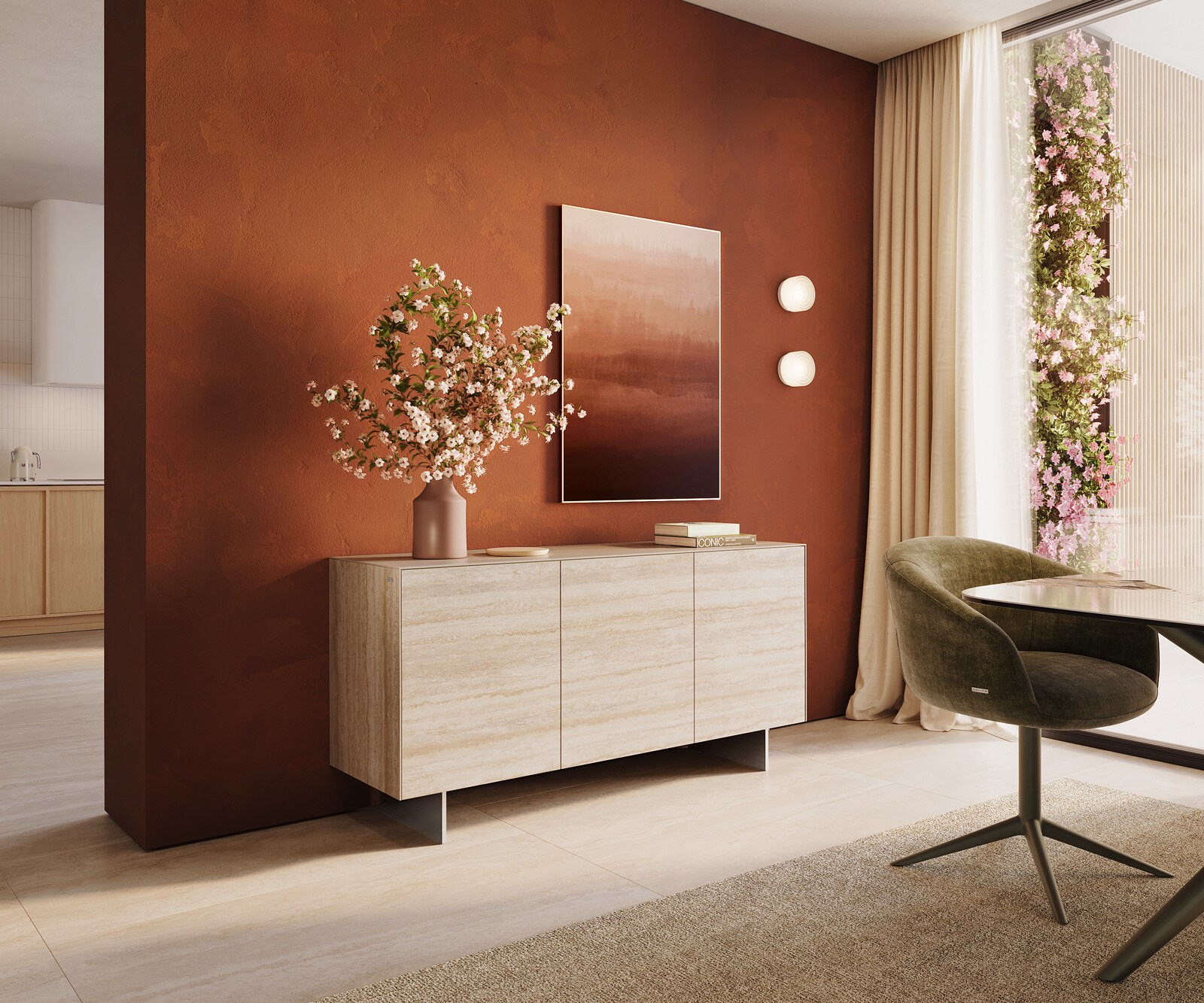 Sideboard Cuor 150 cm Keramik Laminam® Travertino Bianco Creme-Weiß 3 Türen Fuß Schwebeoptik Edelstahl
