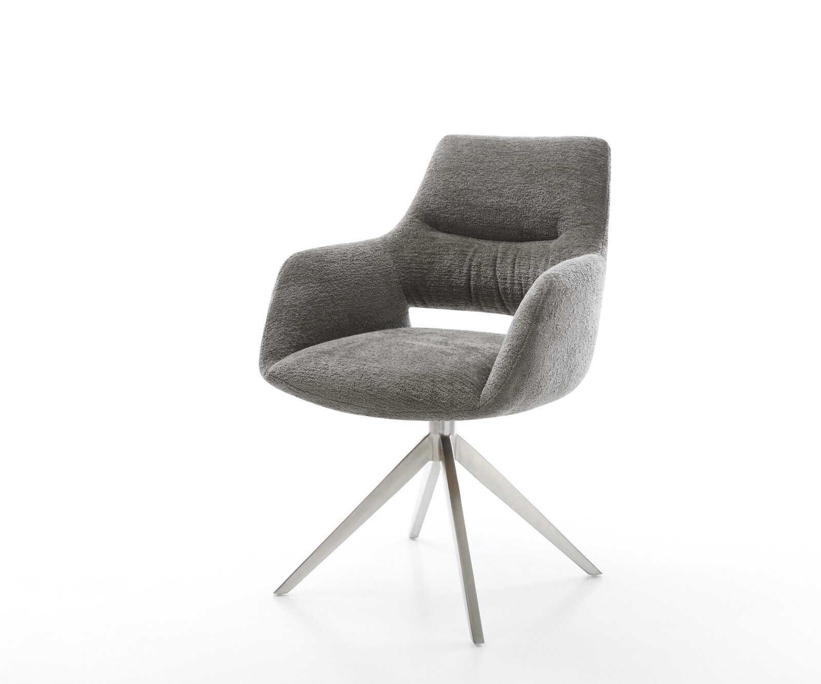 Drehstuhl Yago-Flex mit Armlehnen Bouclé Soft Schlamm Kreuzgestell breit Edelstahl 360° drehbar Wippfunktion Taschenfederkern