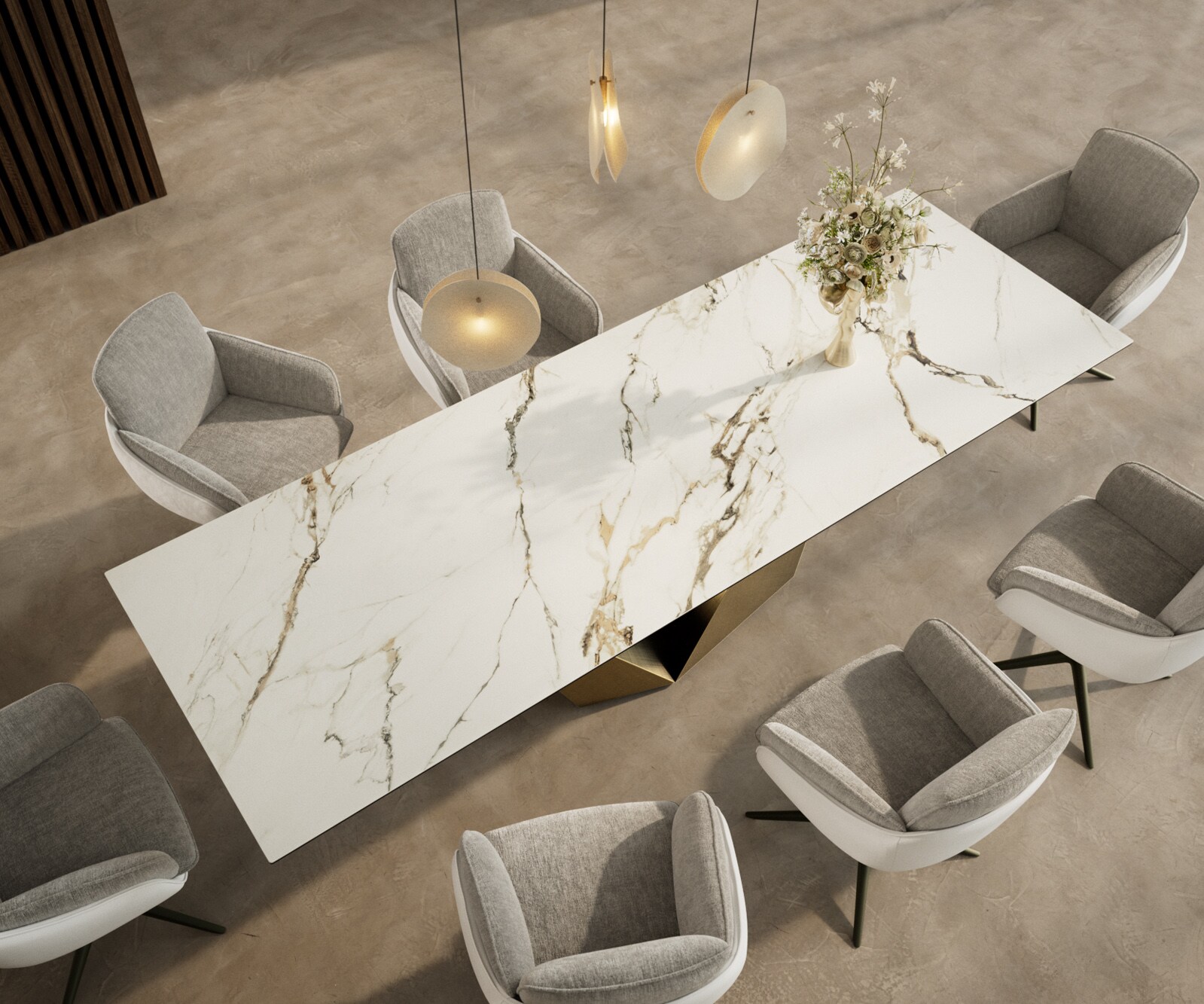 Esstisch Edge 300x100 Keramik Calacatta Luxe Weiß-Gold-Grau Prisma Metallic Gold 3