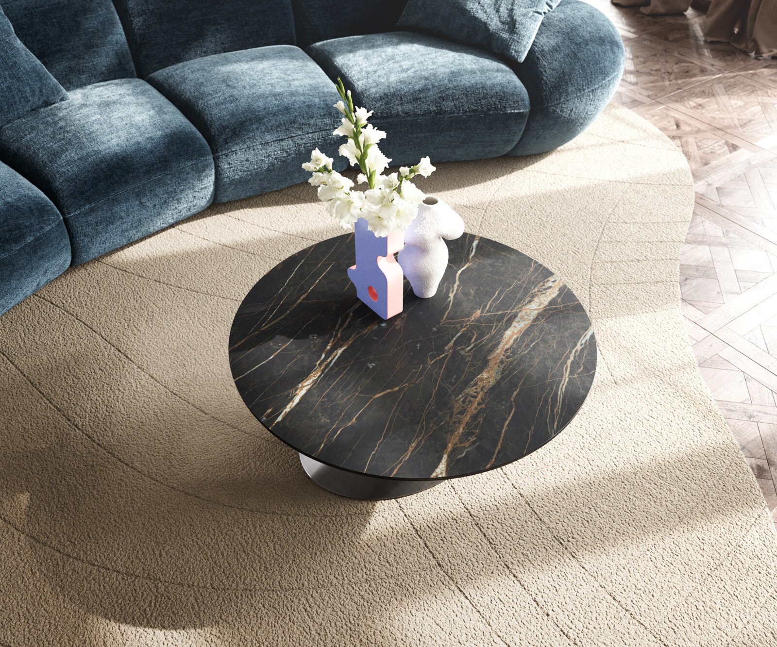 Couchtisch Edge Rund 90x90 cm Keramik Laminam® Noir Desir Braun Conis Metallic Silber 4