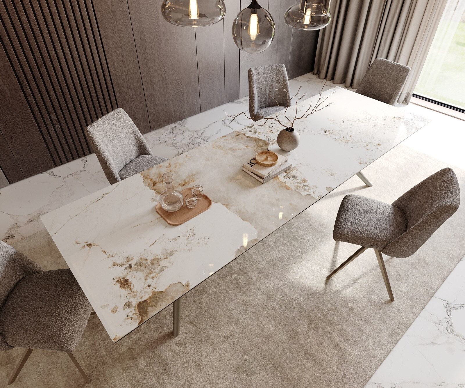 Esstisch Edge 300x100 Keramik Minas Melange Weiß-Beige Estelar rund Metall Effektfinish Titan 4