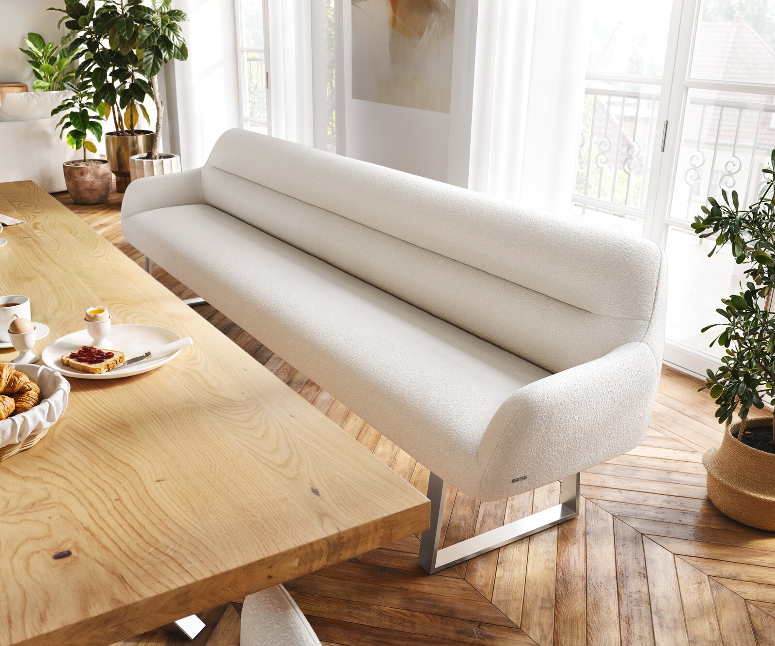 Esszimmerbank Taya-Flex 300 cm Bouclé Creme-Weiß Kufengestell kantig Edelstahl Taschenfederkern 1