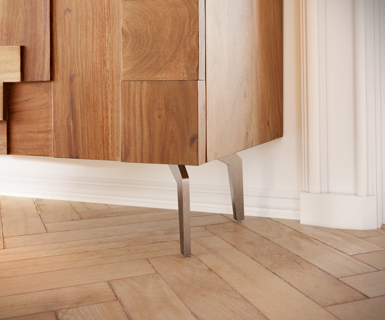 Sideboard Puzzle 175 cm Akazie Natur 3 Türen Winkelfuß Edelstahl 6