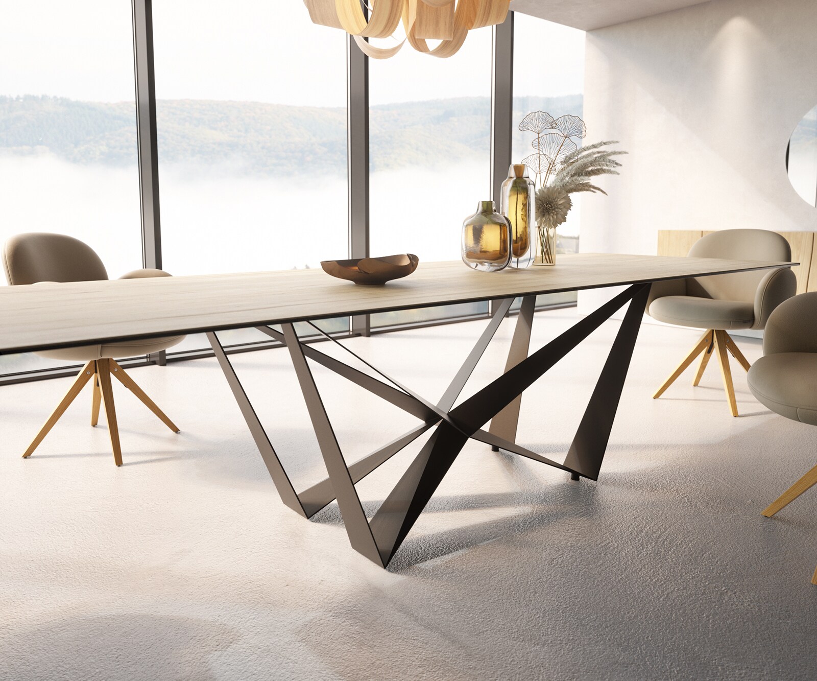 Esstisch Edge 300x100 Keramik Laminam® Sabbia Eichefarbig Spider Flachstahl Schwarz 5