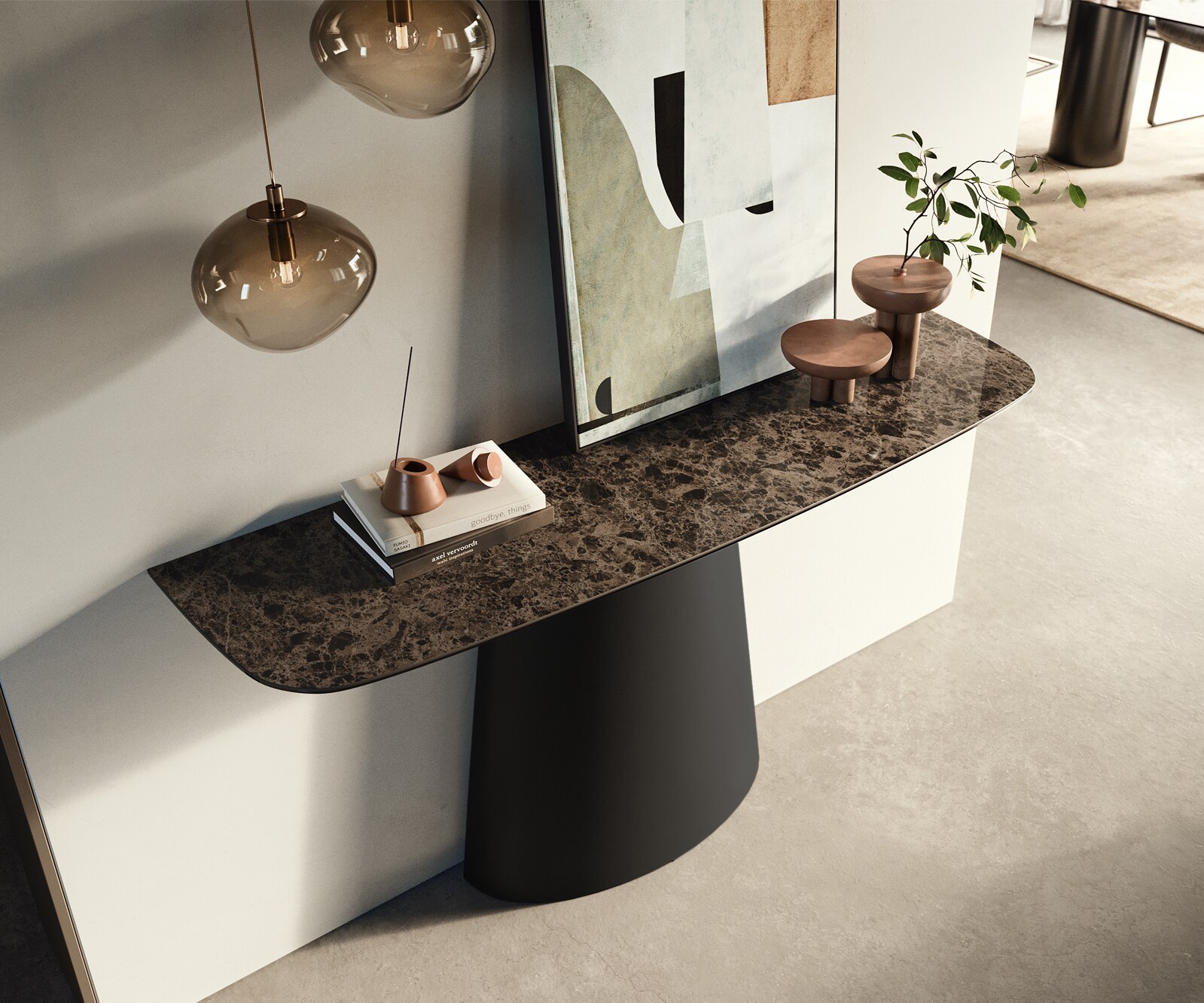 Konsolentisch Edge Boot 140x40 cm Keramik Emperador Extra Lucidato Dunkelbraun Conos Metall Schwarz 1