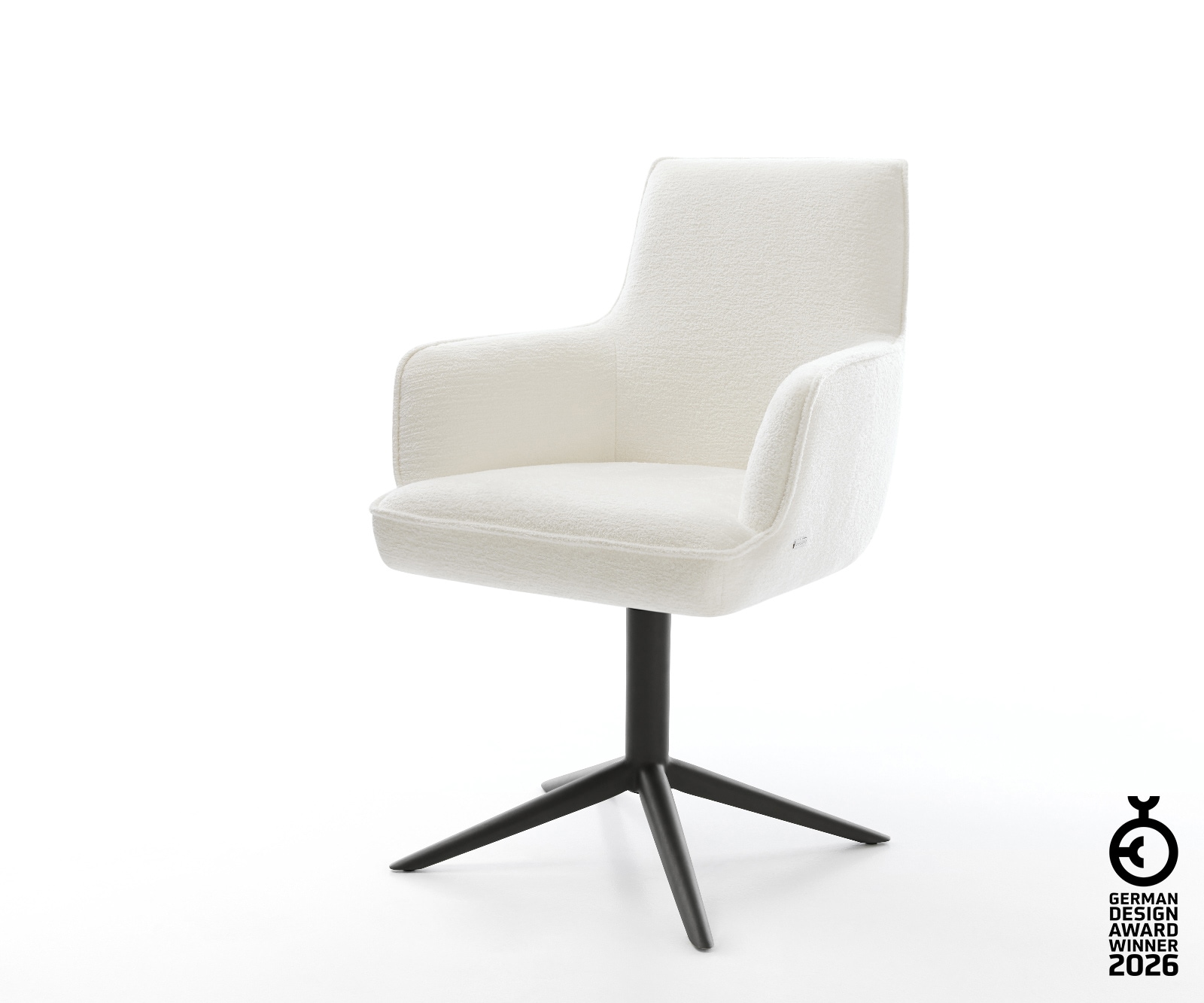 Drehstuhl Heira-Flex mit Armlehnen Bouclé Soft Beige Fußkreuz Schwarz 360° drehbar Wippfunktion Taschenfederkern