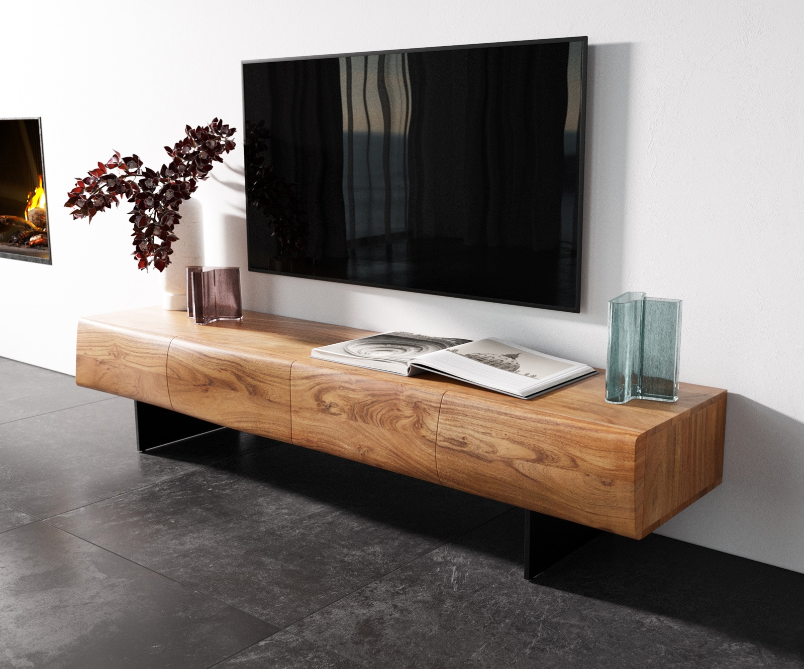 Lowboard New Live-Edge 175 cm Akazie Natur 4 Türen Fuß schwebend Metall Schwarz 1