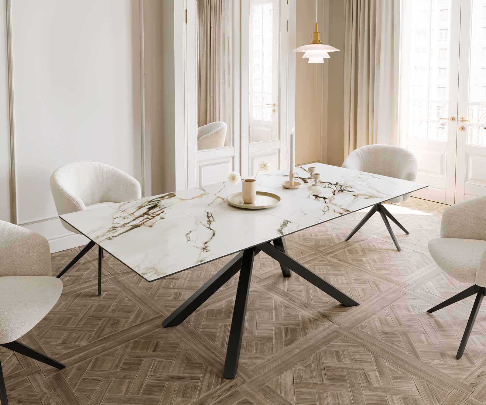 Esstisch Edge 180-220x100 Keramik Calacatta Luxe Weiß-Gold-Grau Kreuzgestell Rechteck Schwarz ausziehbar Esstisch Edge 180-220x100 Keramik Calacatta Luxe Weiß-Gold-Grau Kreuzgestell Rechteck Schwarz ausziehbar