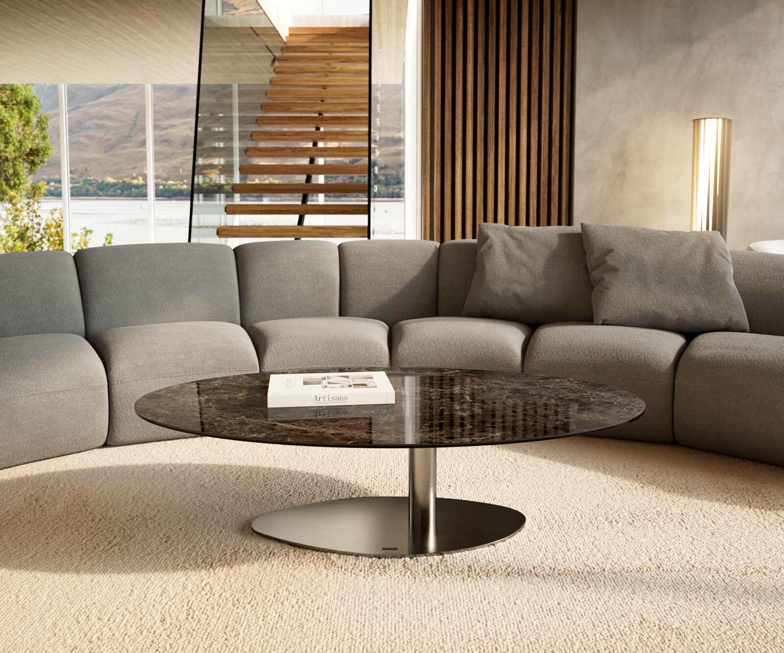 Couchtisch Edge Oval 140x80 cm Keramik Laminam® Emperador Extra Lucidato Dunkelbraun Vibany Edelstahl gebürstet 1