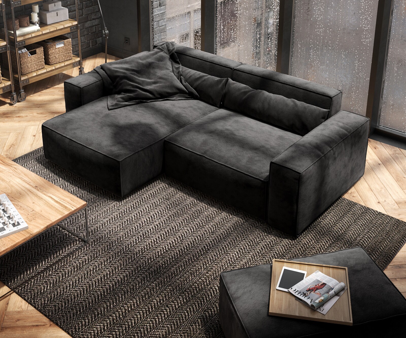 Ecksofa Sirpio 230x155 cm Mikrofaser Schwarz Recamiere variabel mit Hocker 3