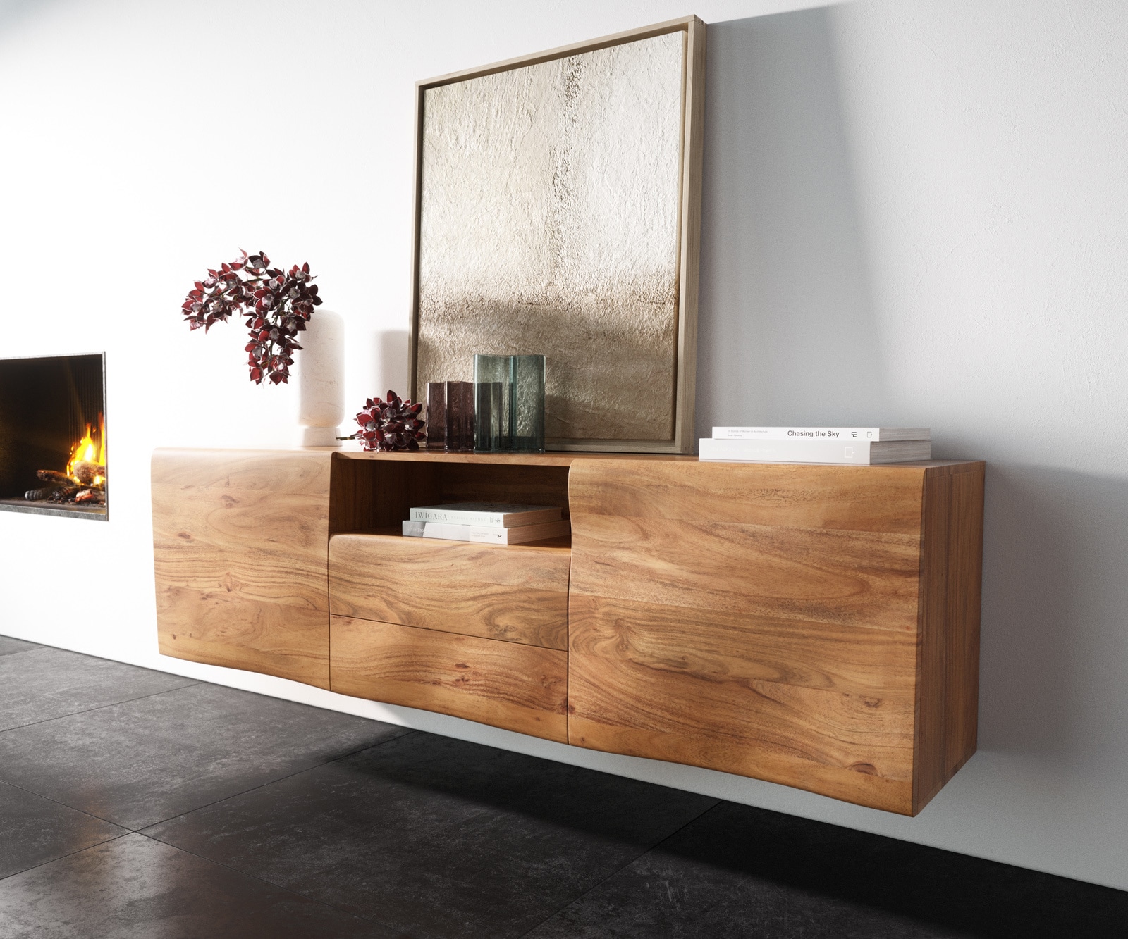 Sideboard New Live-Edge 175 cm Akazie Natur 2 Türen 2 Schubladen 1 Fach schwebend