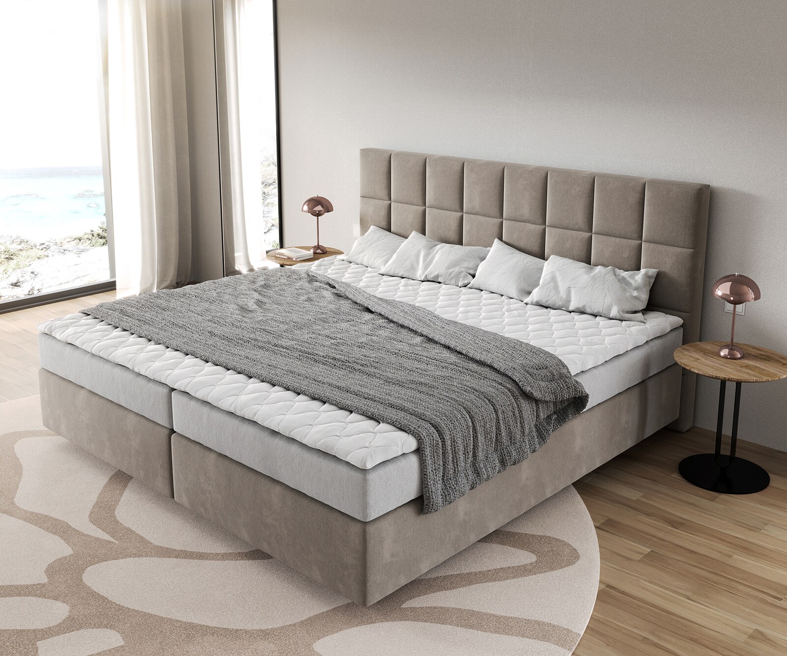 Boxspringbett Dream-Fine Mikrofaser Beige 200x200 cm Bonell-Matratze PU-Topper 3