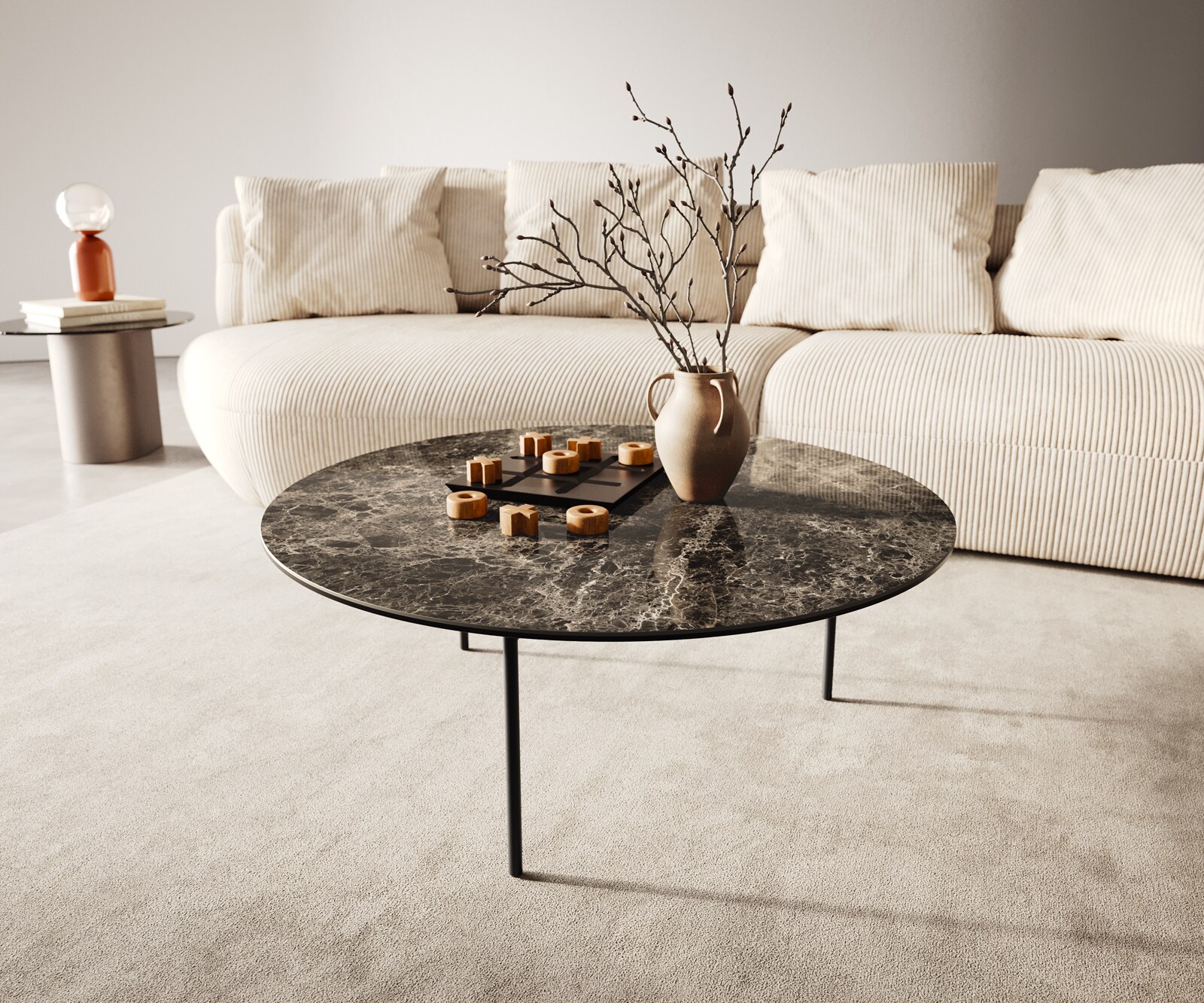 Couchtisch Edge Rund 90x90 cm Keramik Emperador Extra Lucidato Dunkelbraun Trive Metall Schwarz
