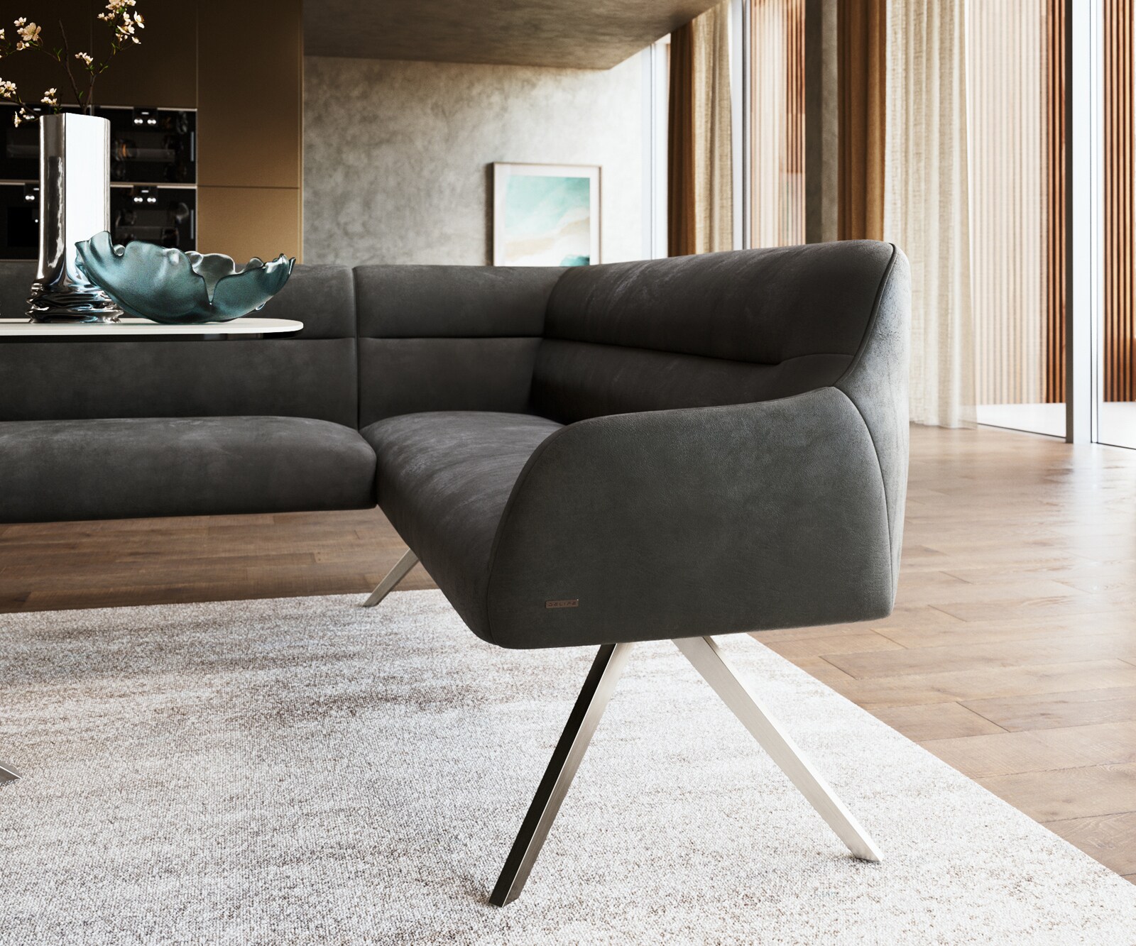 Esszimmerbank Taya-Flex 285x190 cm Mikrofaser Anthrazit Vintage Kreuzgestell kantig Edelstahl Taschenfederkern Links 5