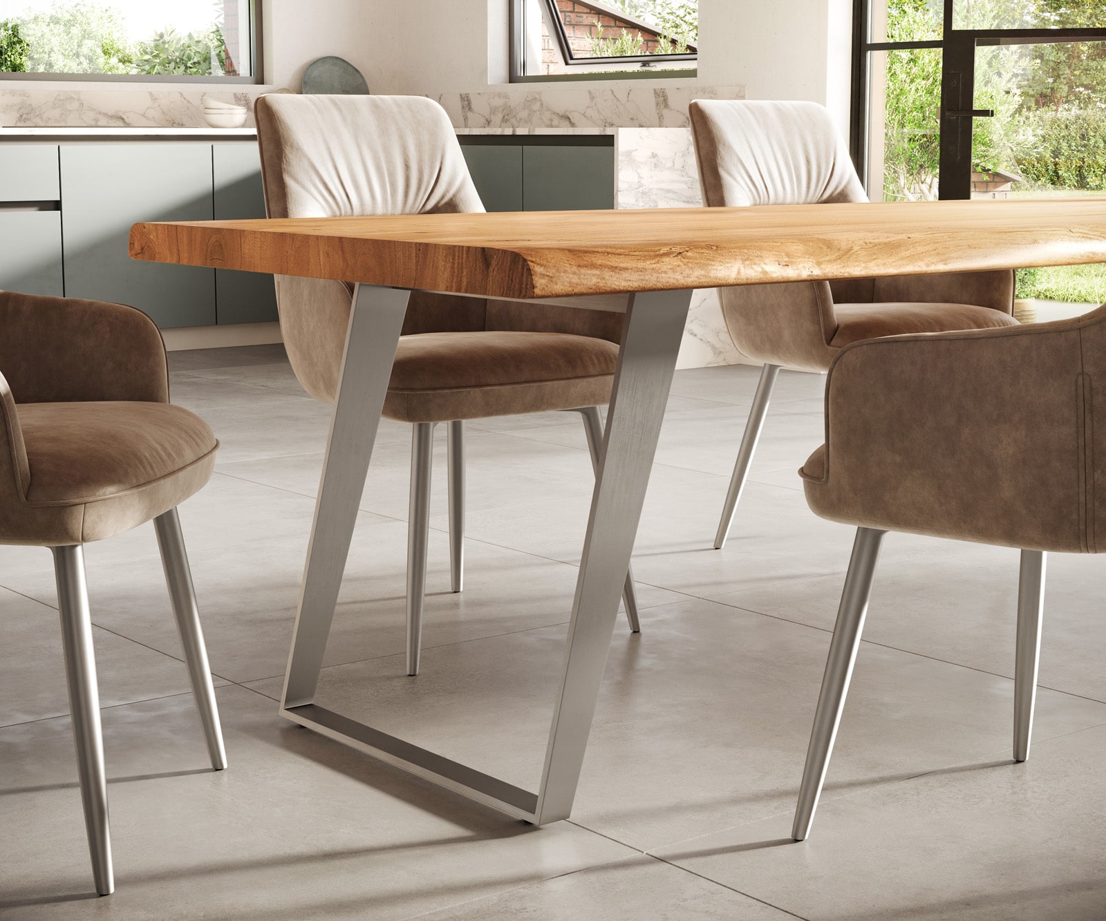 Esstisch Edge 300x100cm XL Akazie Natur Edelstahl Silber schräg Live-Edge 4 Esstisch Edge 300x100cm XL Akazie Natur Edelstahl Silber schräg Live-Edge 4
