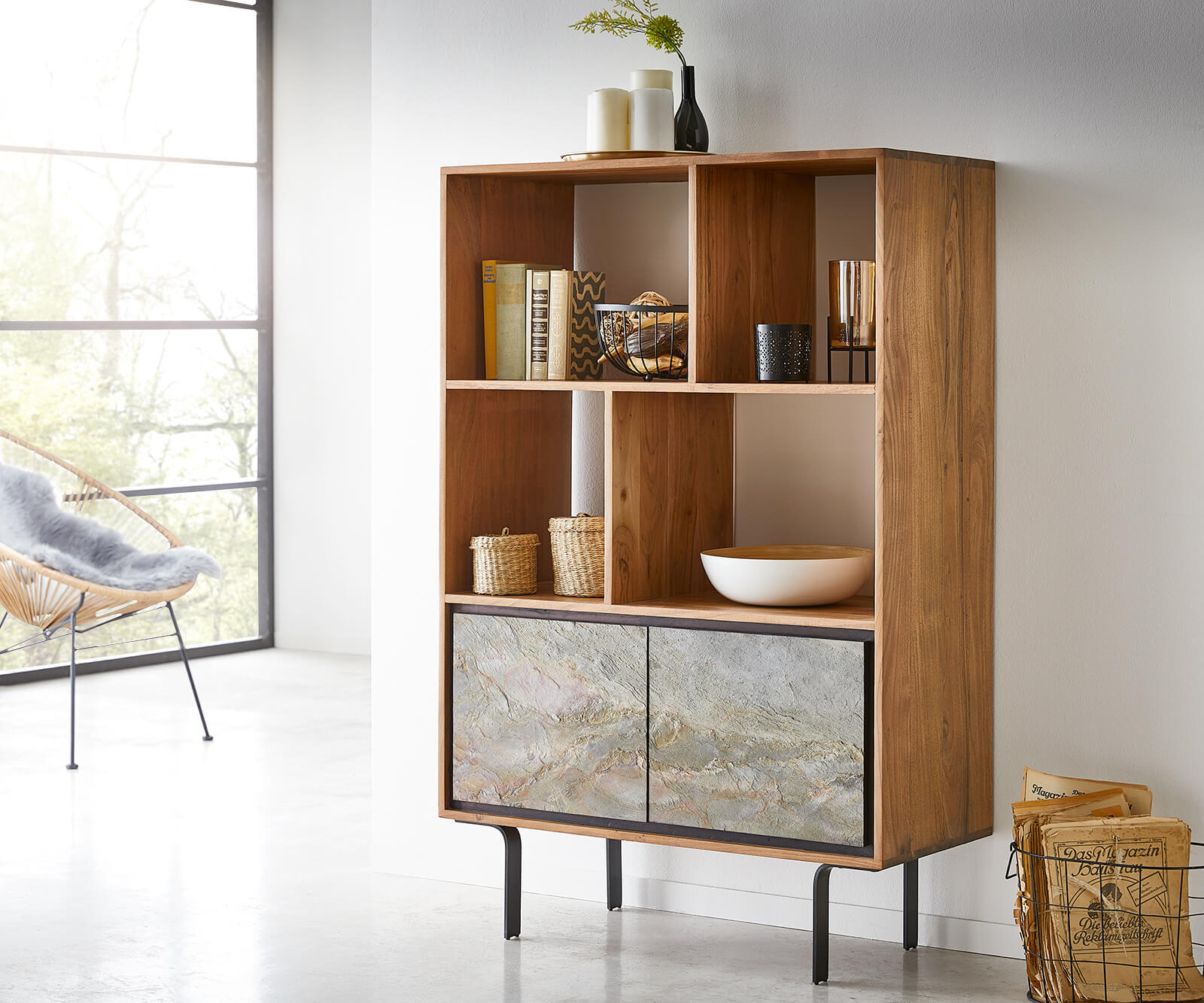 Highboard Juwelo 88x135 cm Akazie Natur mit Steinfurnier  1