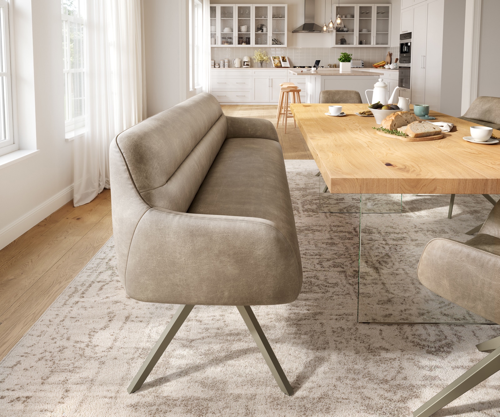 Esszimmerbank Taya-Flex 200 cm Mikrofaser Beige Vintage Kreuzgestell kantig Effektfinish Titan Taschenfederkern 1