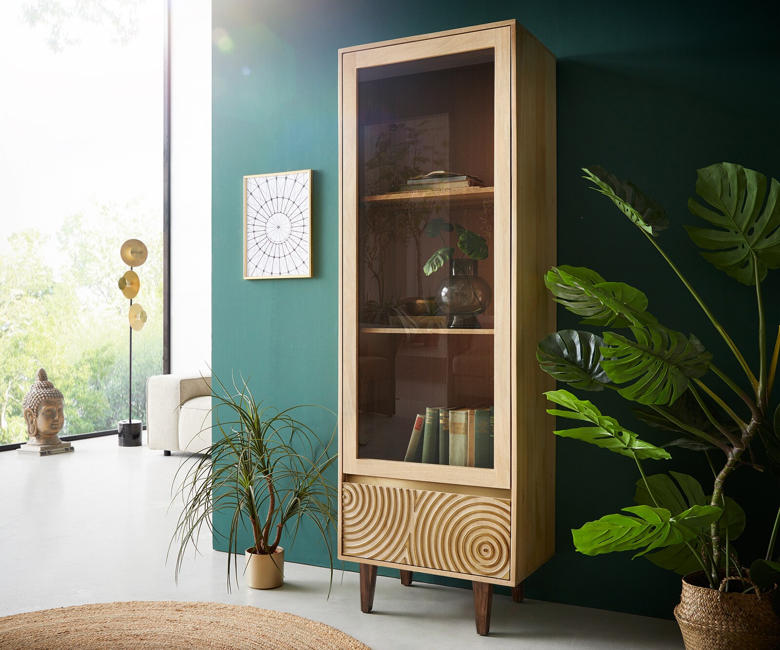 Vitrine Budaya 60x165 cm Mango Natur 2 Türen Fuß vierkant