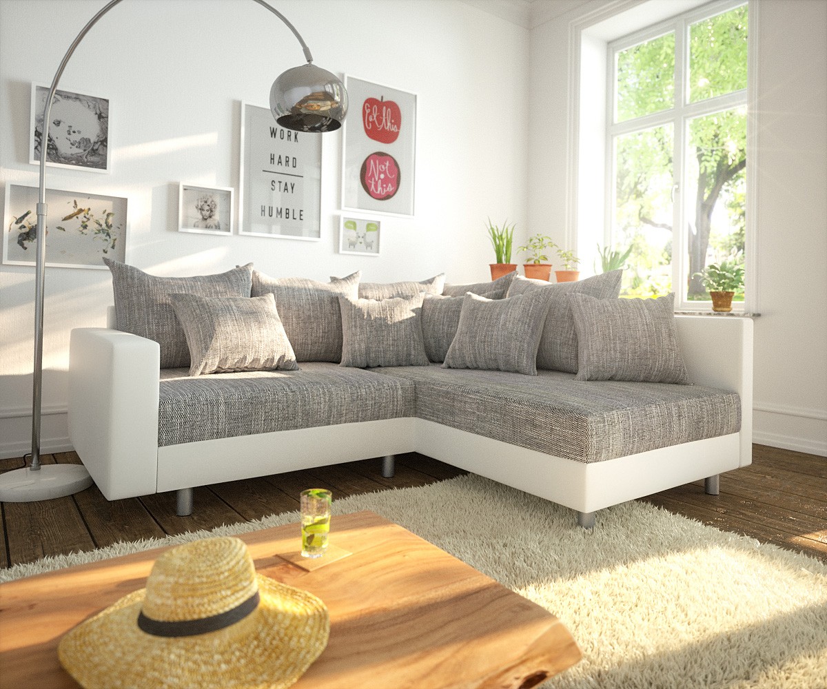 Ecksofa Clovis Weiss Hellgrau modular Armlehne Ottomane Rechts günstig online kaufen