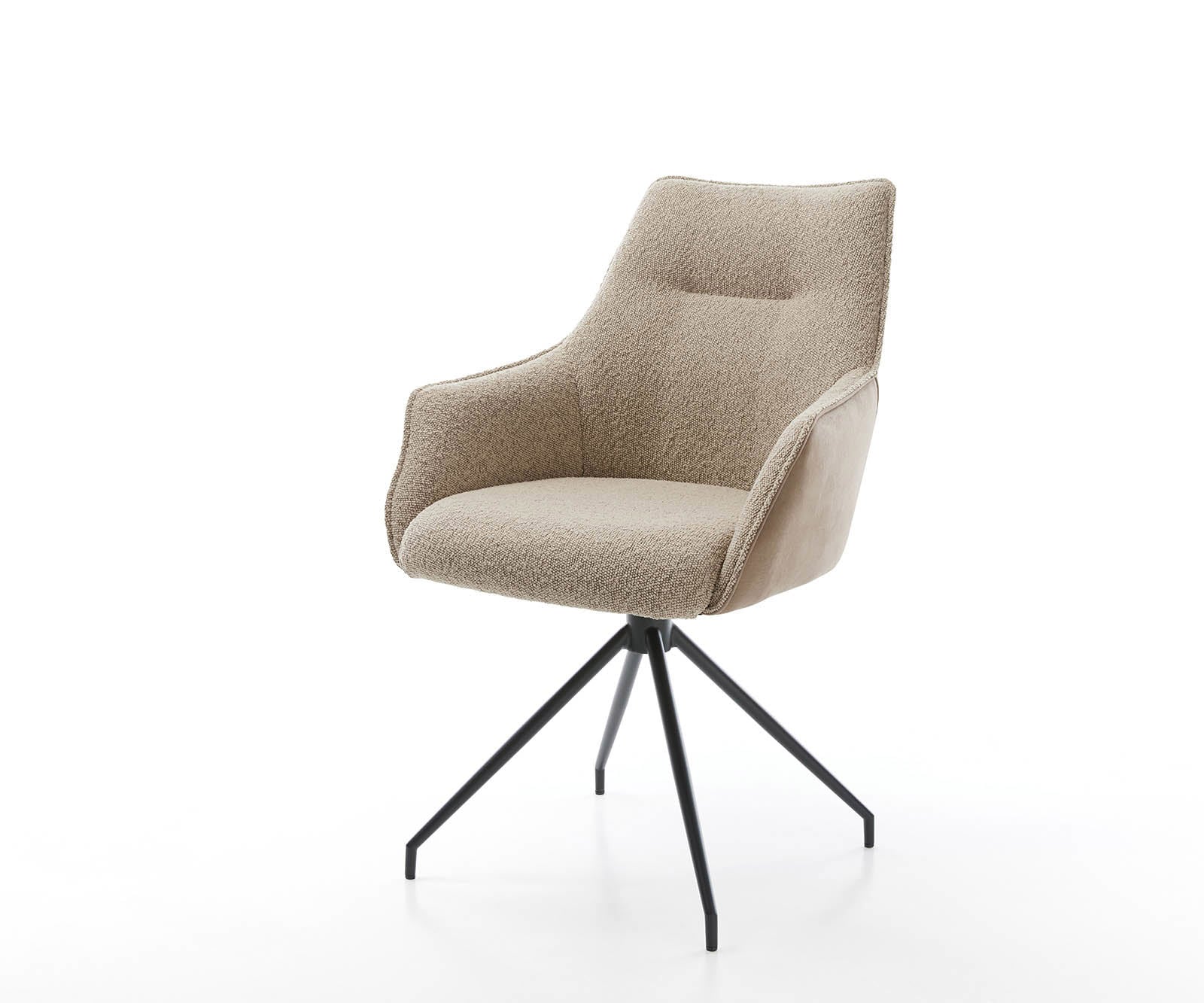 Chaise-pivotante Alja-Flex avec accoudoirs tissu mixte couleur boue pied croisé conique noir pivotement sur 180° ressorts ensachés