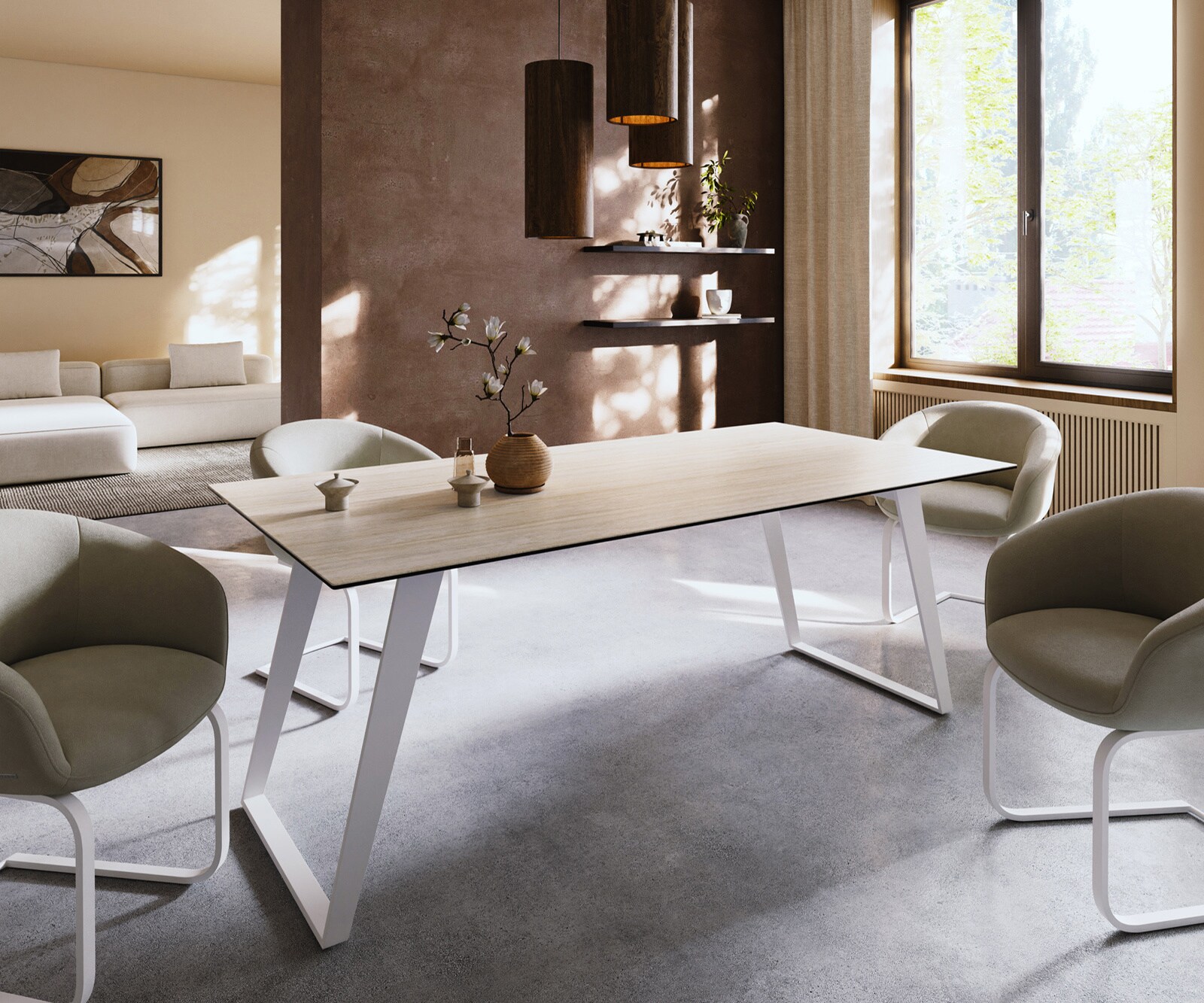 Esstisch Edge 200x100 Keramik Laminam® Travertino Bianco Creme-Weiß Metall Schräg Weiß 2