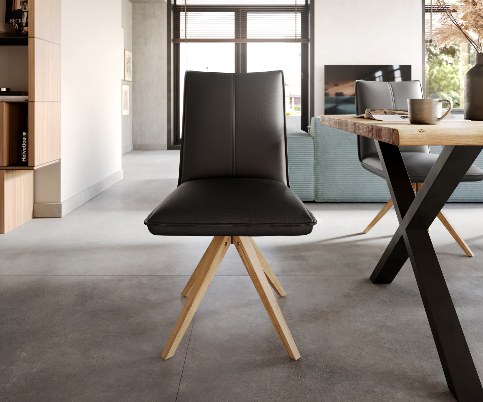 Esszimmerstuhl Lelio-Flex Echt-Leder Schwarz Holzgestell kantig Natur Taschenfederkern 1 Esszimmerstuhl Lelio-Flex Echt-Leder Schwarz Holzgestell kantig Natur Taschenfederkern 1