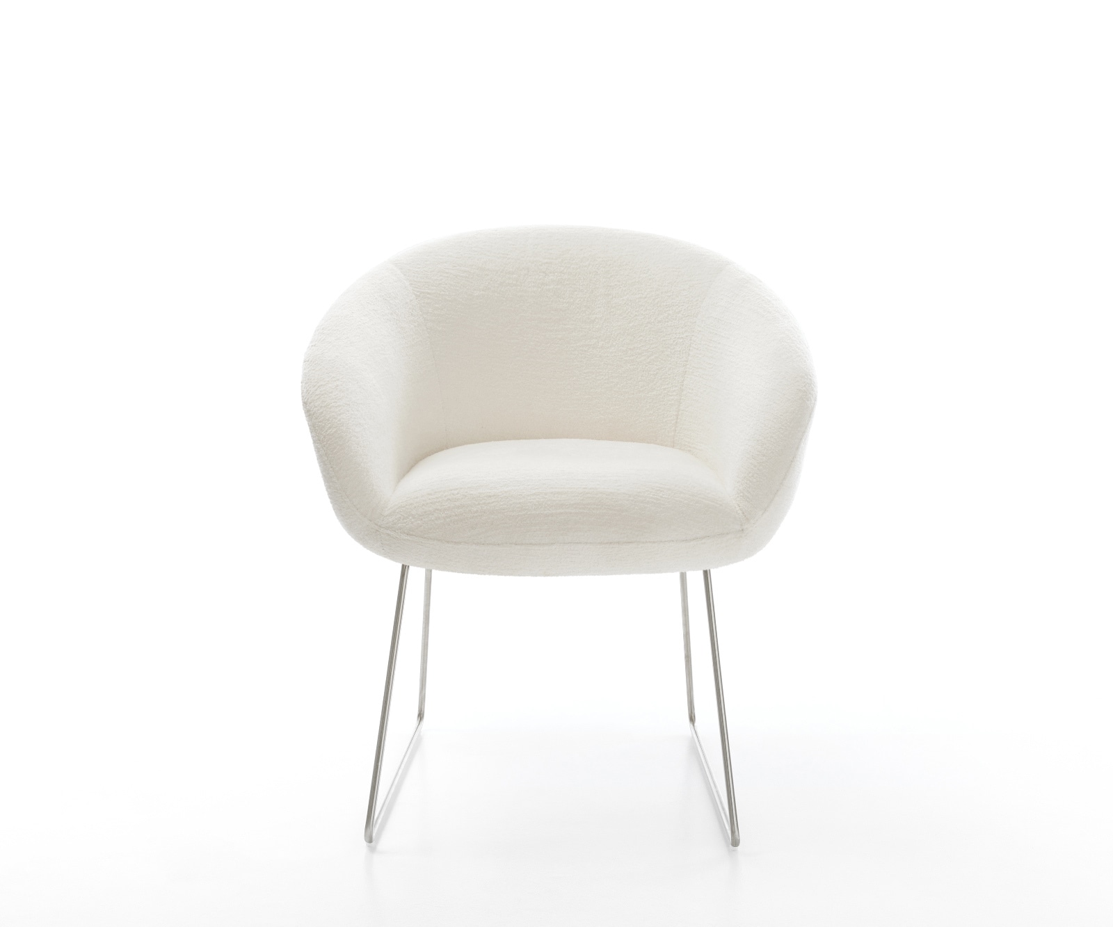 Esszimmerstuhl Vinka-Flex mit Armlehnen Bouclé Soft Beige Kufengestell Edelstahl Taschenfederkern 2