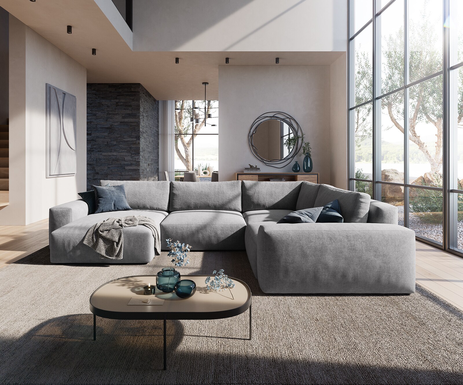 Wohnlandschaft Lanzo XL 360x260 cm Mikrofaser Grau Recamiere variabel 1