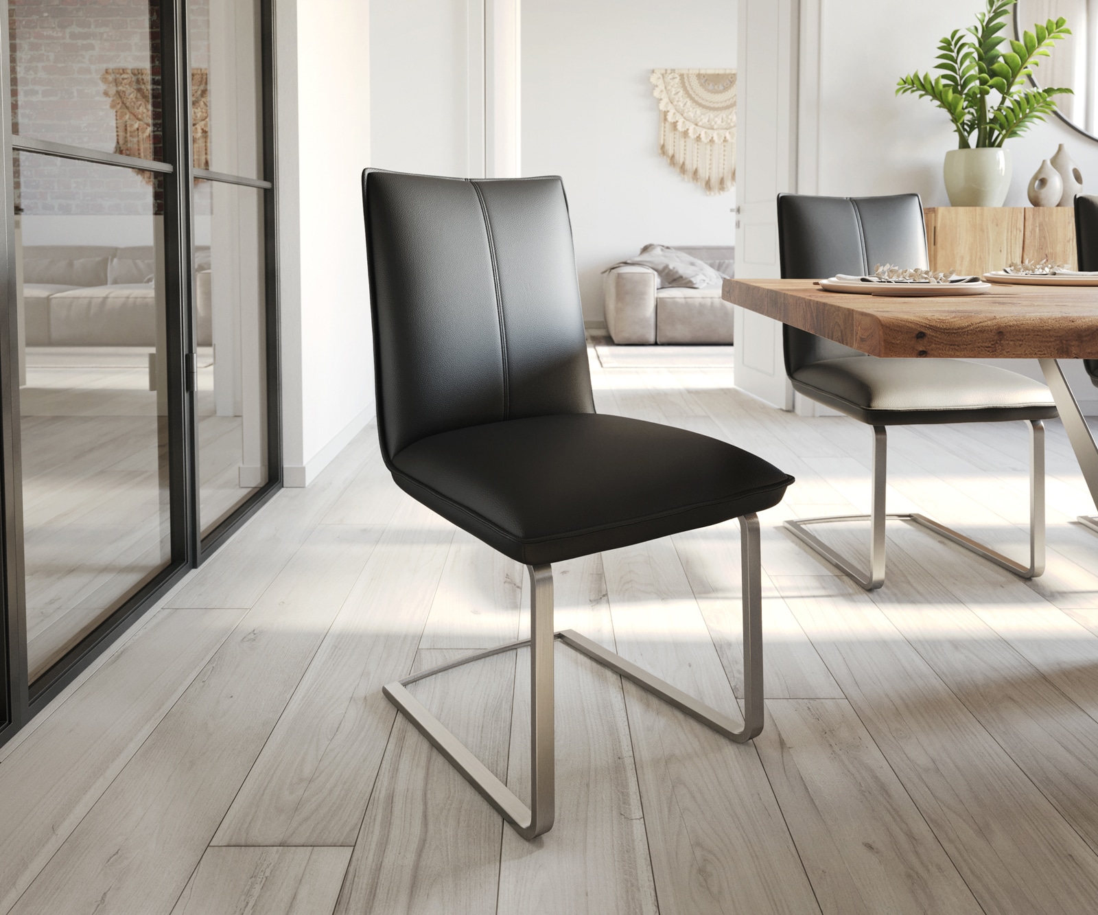 Freischwinger Lelio-Flex Echt-Leder Schwarz Freischwinger flach Edelstahl Taschenfederkern