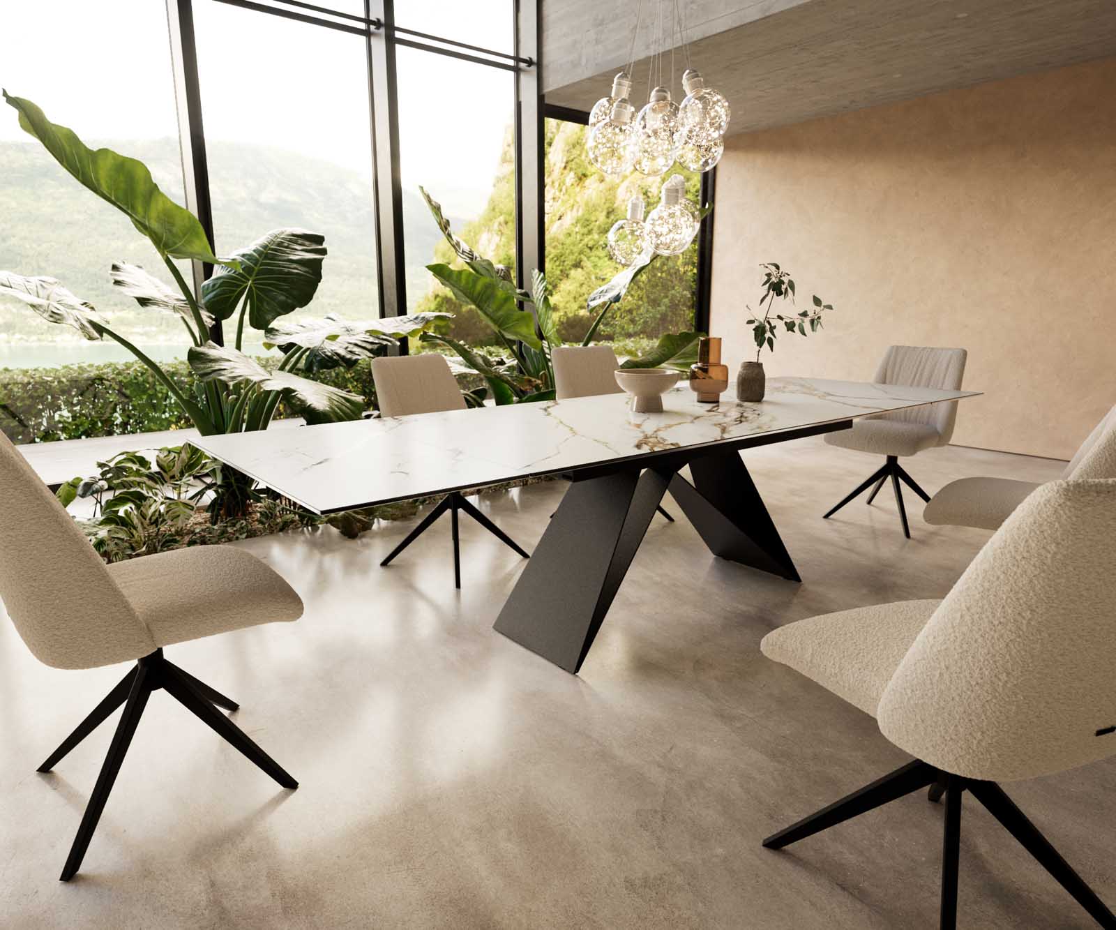 Esstisch Edge 200-300x100 Keramik Calacatta Luxe Weiß-Gold-Grau V-Gestell Flachstahl Schwarz ausziehbar Esstisch Edge 200-300x100 Keramik Calacatta Luxe Weiß-Gold-Grau V-Gestell Flachstahl Schwarz ausziehbar