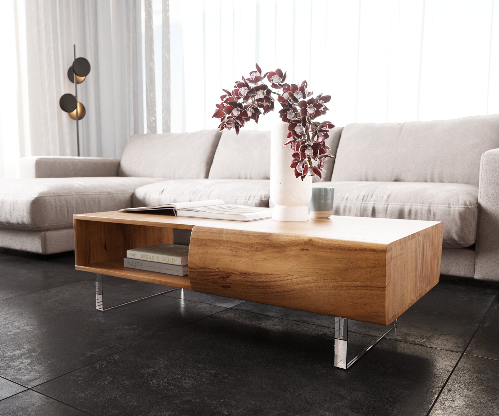 Couchtisch New Live-Edge 115x60 cm Akazie Natur 2 Schubladen 1 Fach Acrylfu günstig online kaufen