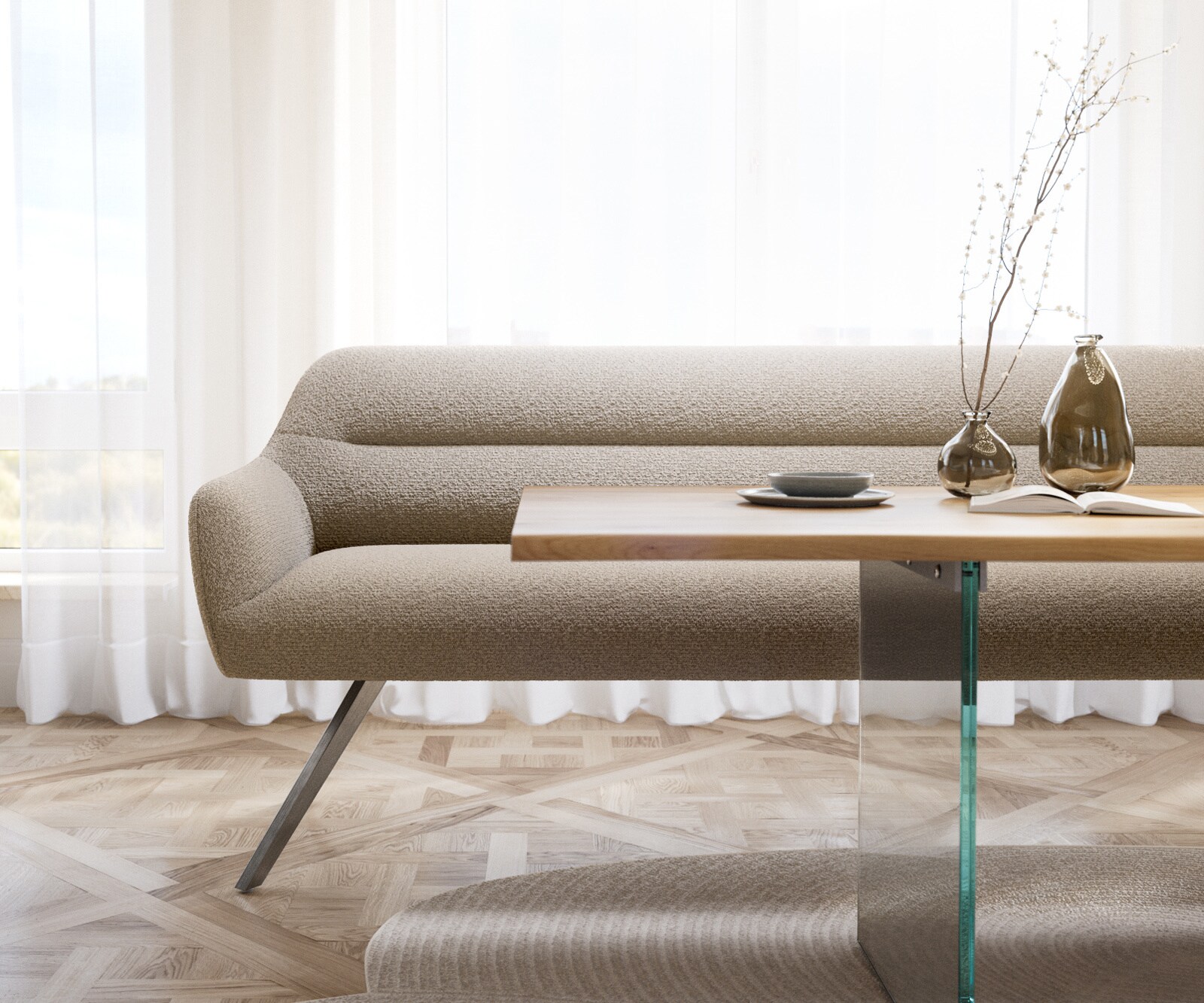 Esszimmerbank Taya-Flex 200 cm Bouclé Schlamm Kreuzgestell kantig Edelstahl Taschenfederkern 2