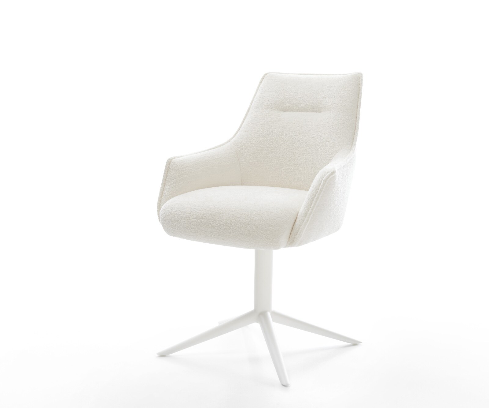 Chaise-pivotante Alja-Flex avec accoudoirs bouclé doux beige pied de chaise 4 branches blanc pivotement sur 360° fonction bascule resorts ensachés