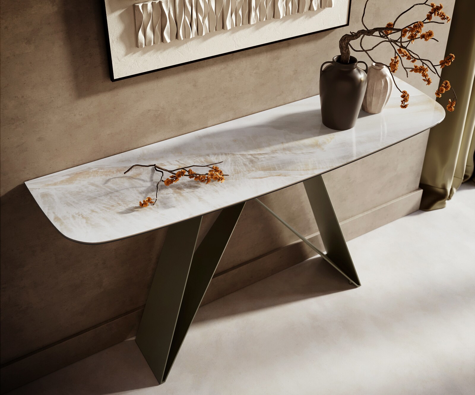 Konsolentisch Edge Boot 140x40 cm Keramik Onyx Pearl Velio Metall Effektfinish Titan 1