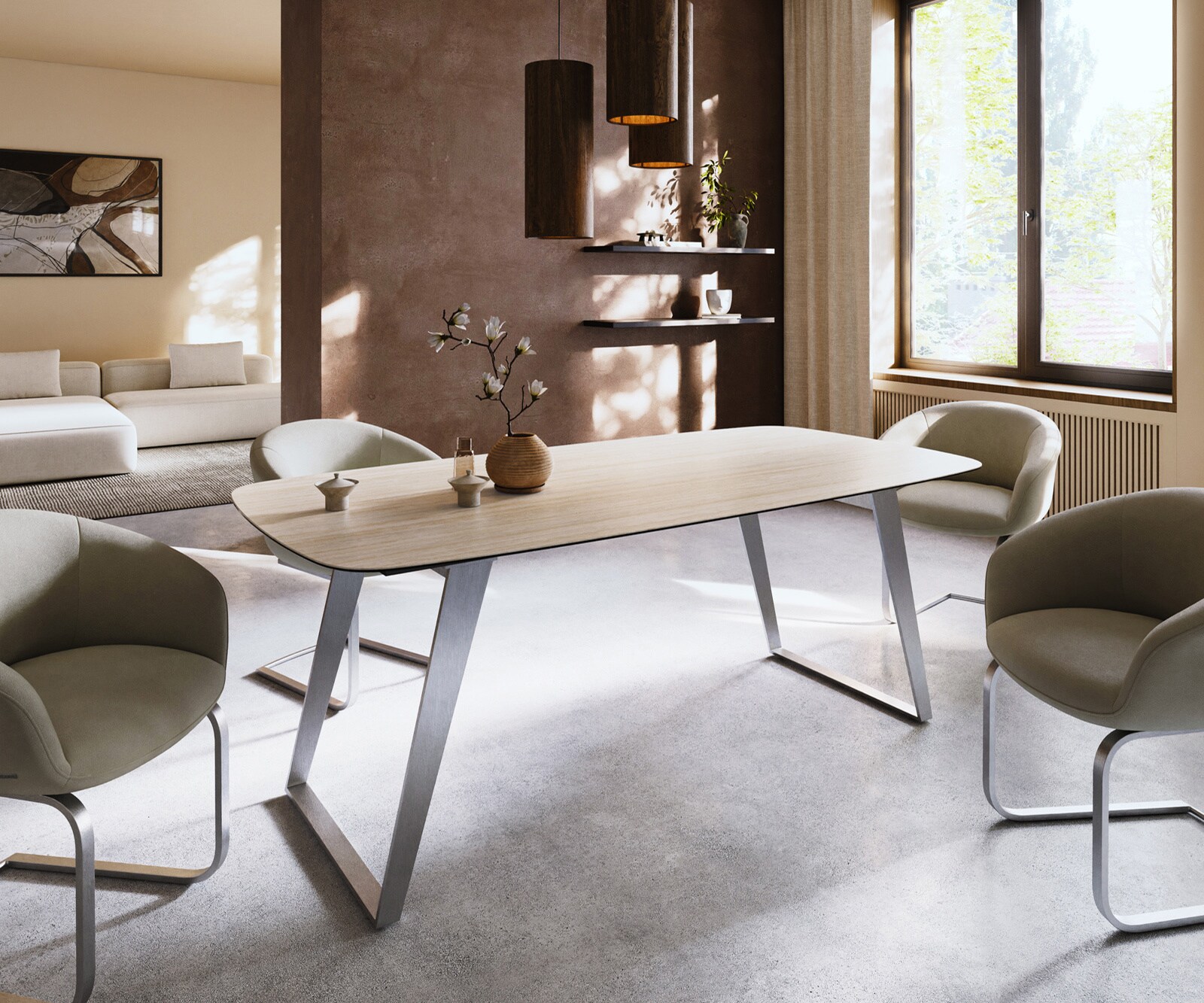 Esstisch Edge Boot 200x100 Keramik Laminam® Travertino Bianco Creme-Weiß Edelstahl Schräg 2