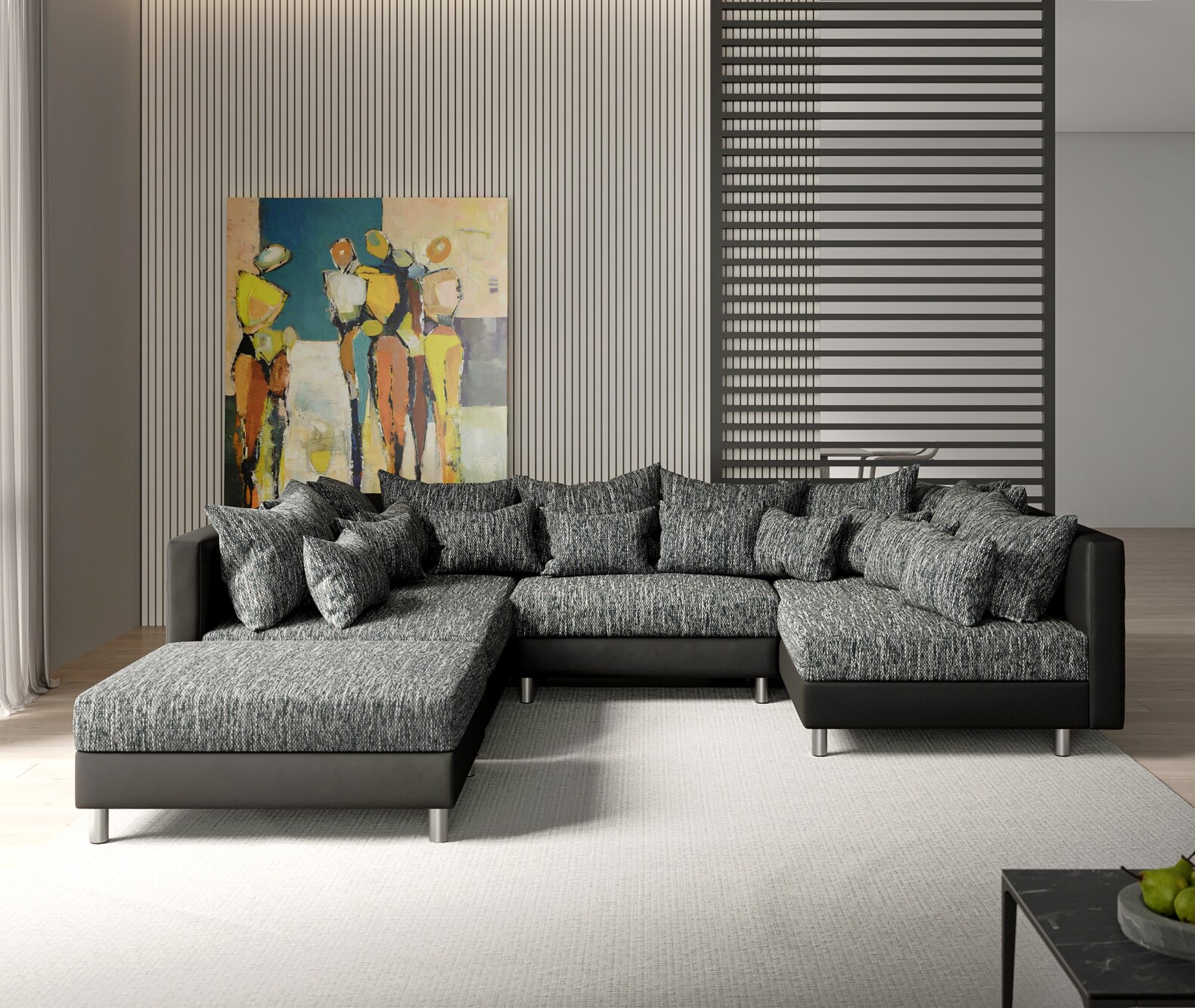Wohnlandschaft Clovis Schwarz Modulsofa mit Hocker  1